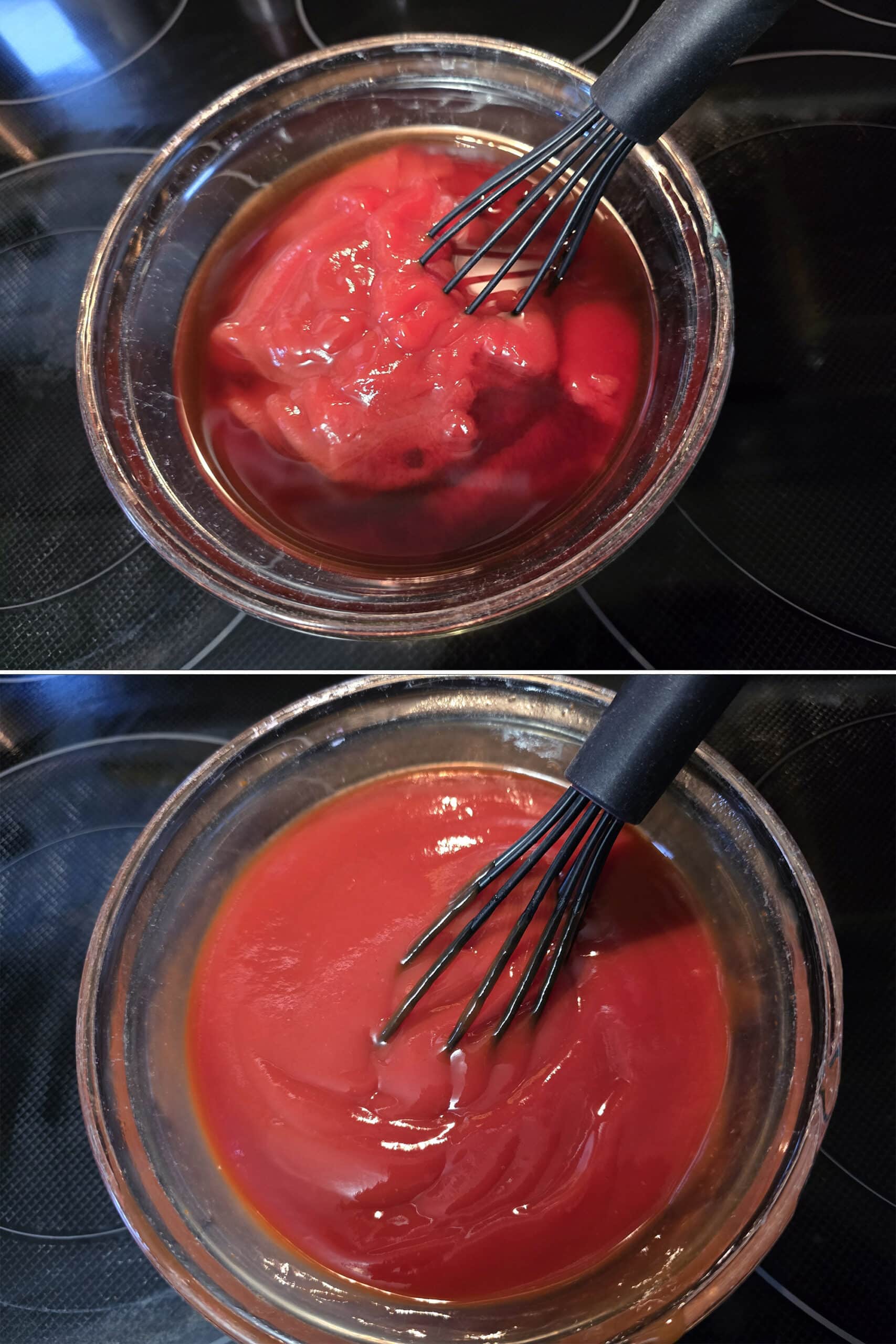 2 part image showing vinegar and liquid smoke being whisked into a bowl of ketchup.