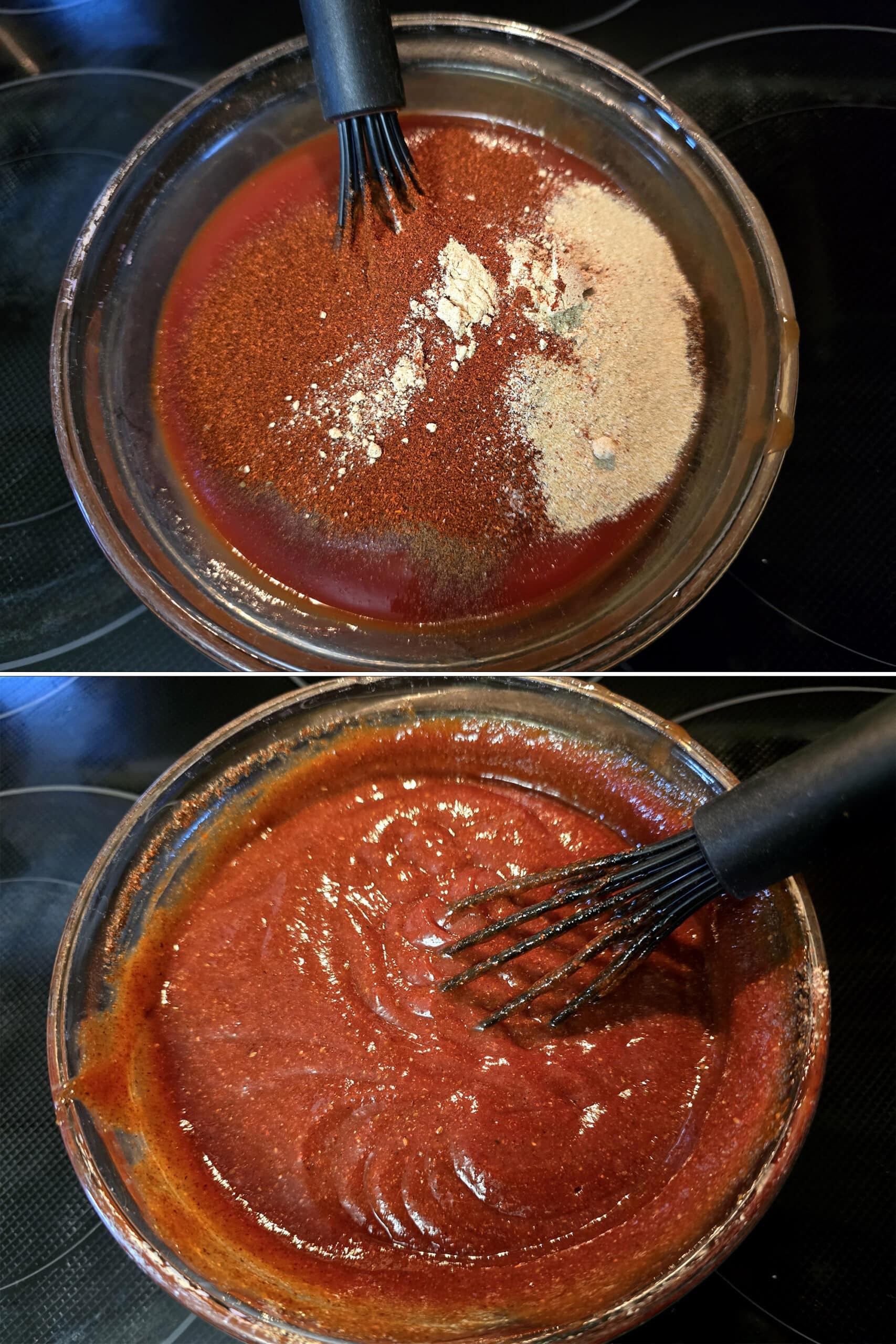 2 part image showing the seasonings being whisked into the ketchup mixture.