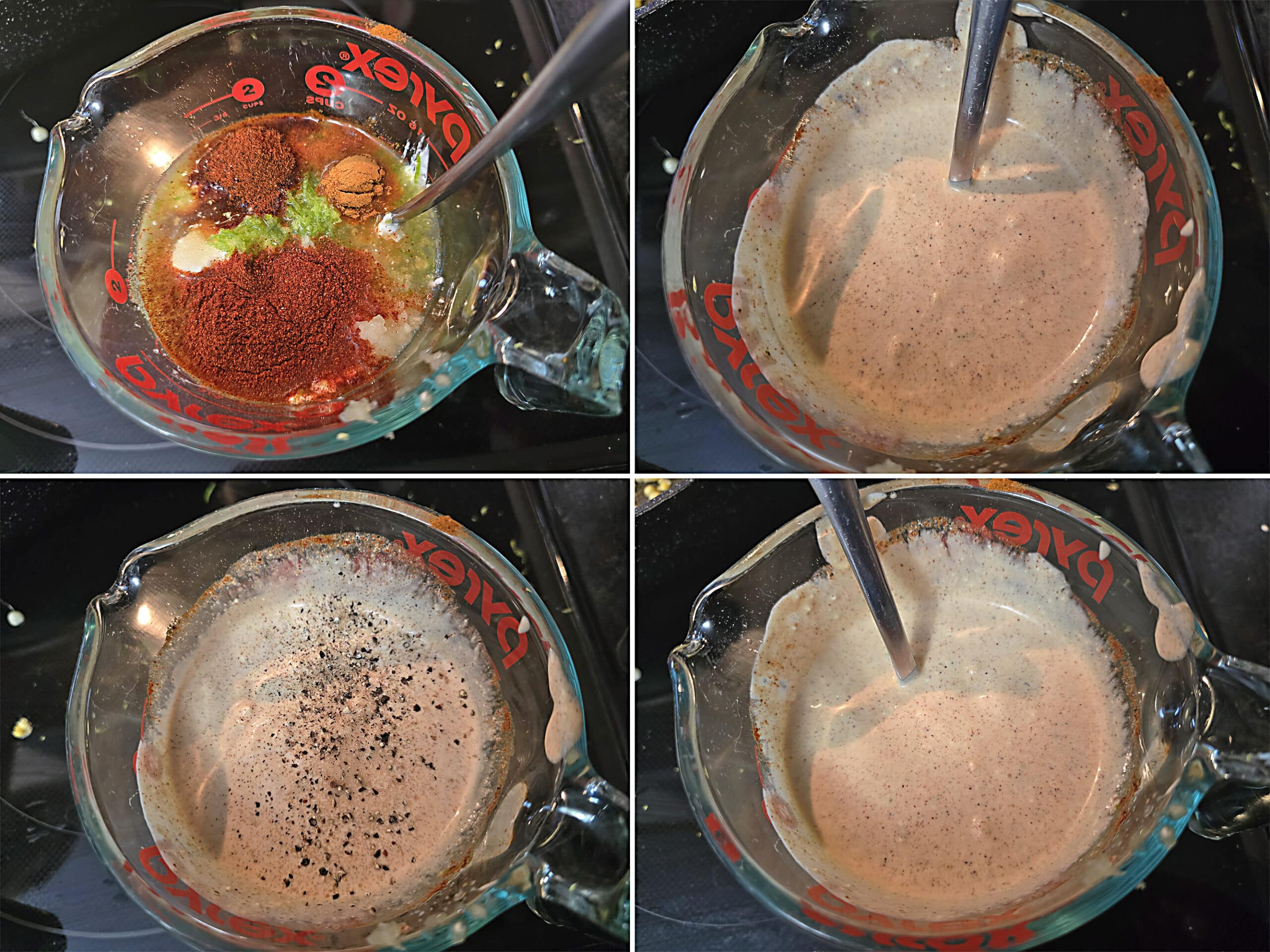 4 part image showing the spicy lime dressing being mixed in a glass measuring cup.