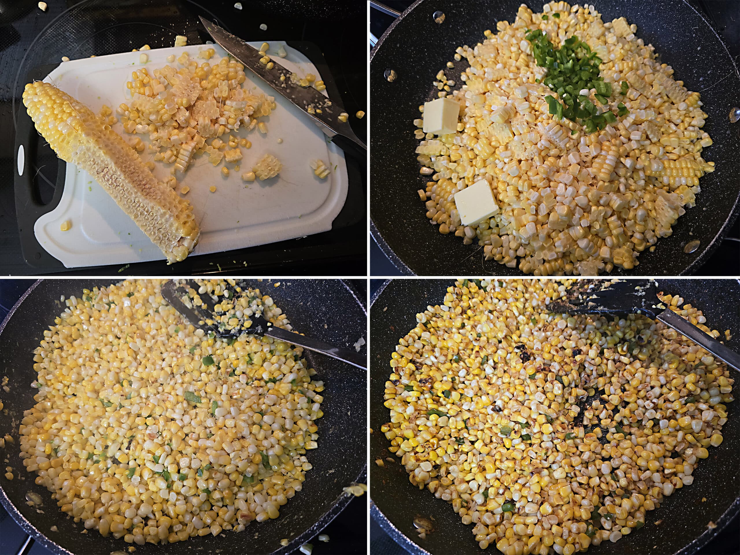 4 part image showing corn being cut from a cob and cooked with jalapenos and butter until charred.