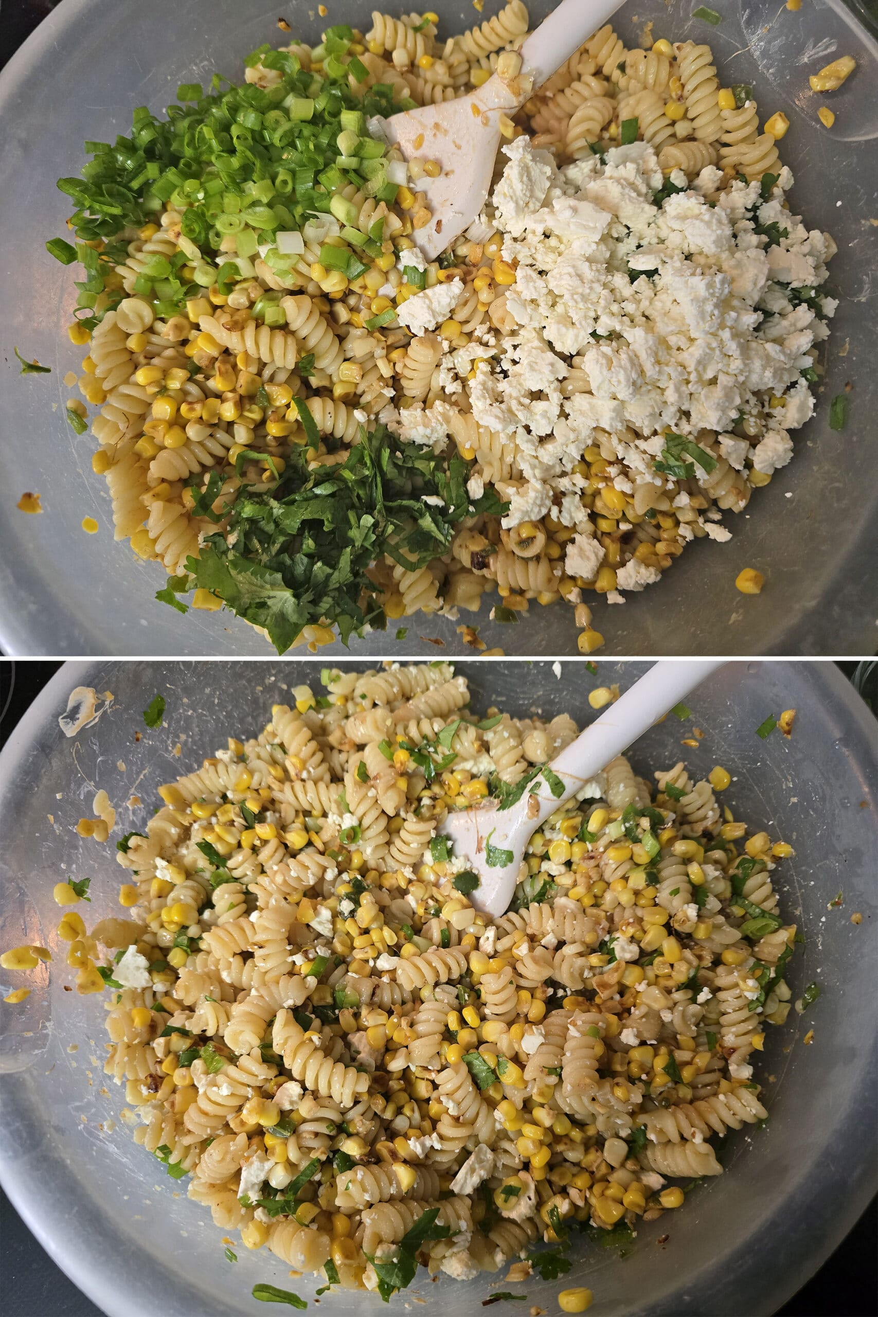 2 part image showing the corn, jalapenos, green onions, cheese, and cilantro being mixed into the cooled rotini pasta.