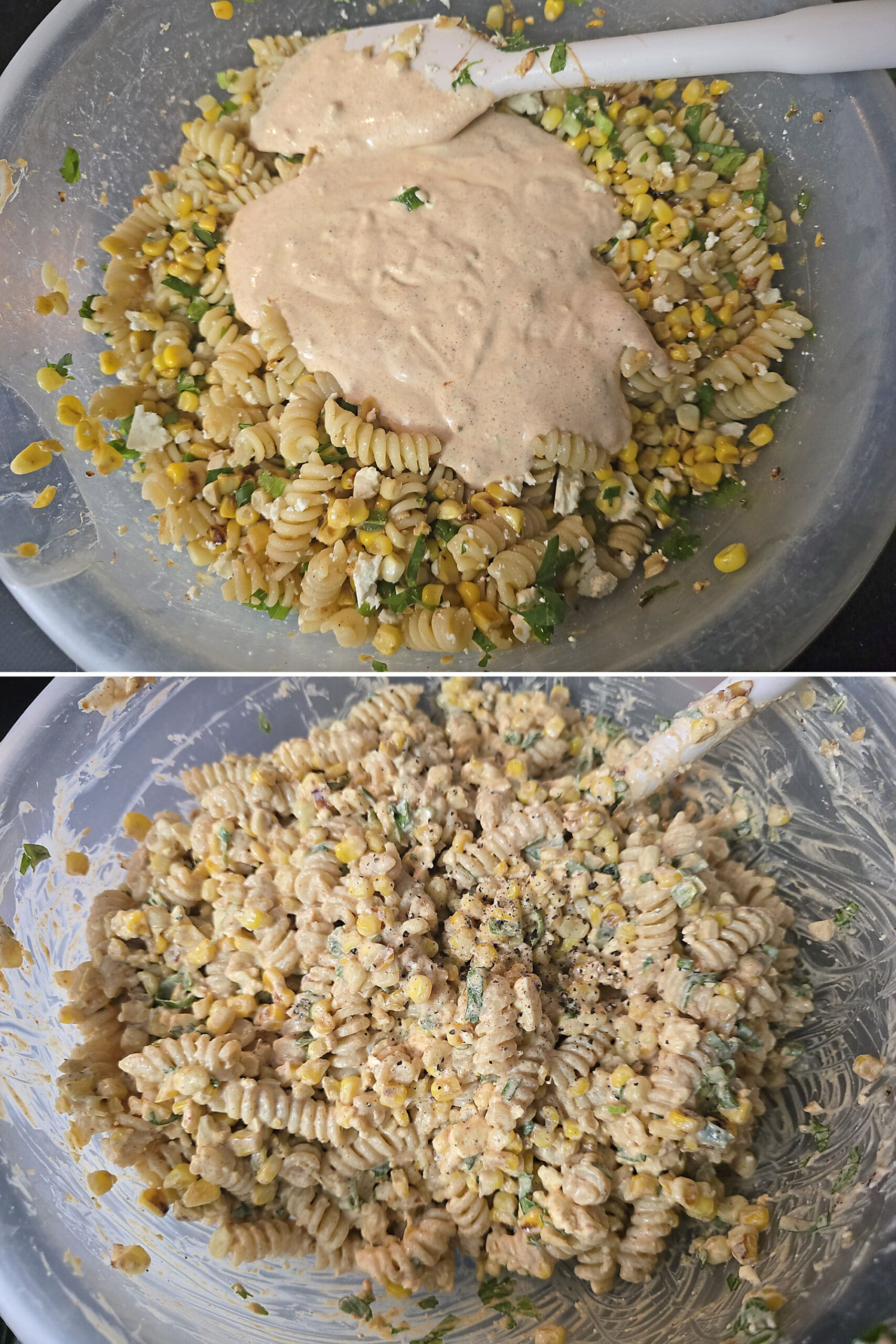 2 part image showing the spicy lime dressing being mixed into the Mexican Street Corn Pasta Salad.