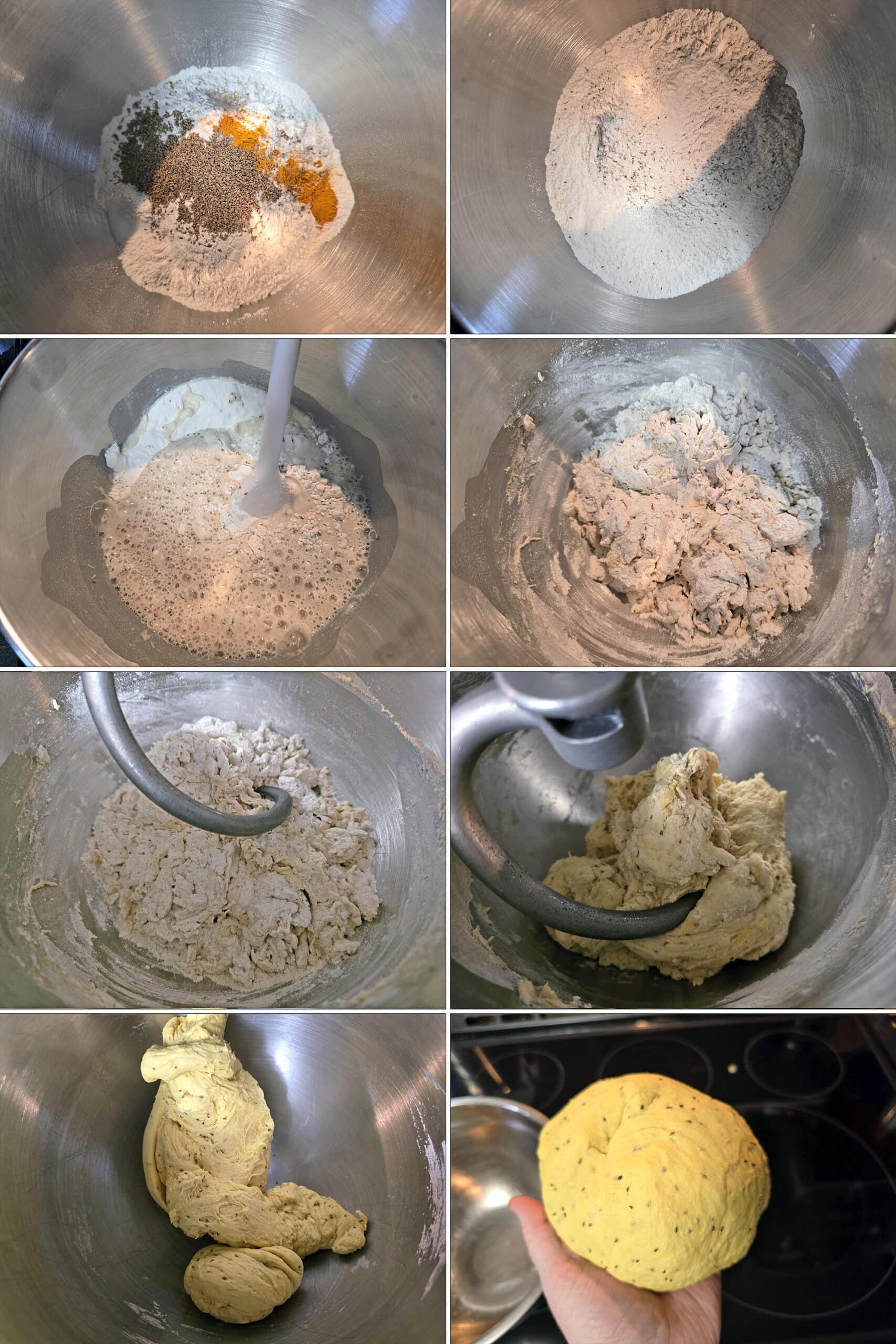 8 part image showing the samosa bread dough being mixed together then kneaded in a stand mixer to form a smooth dough.