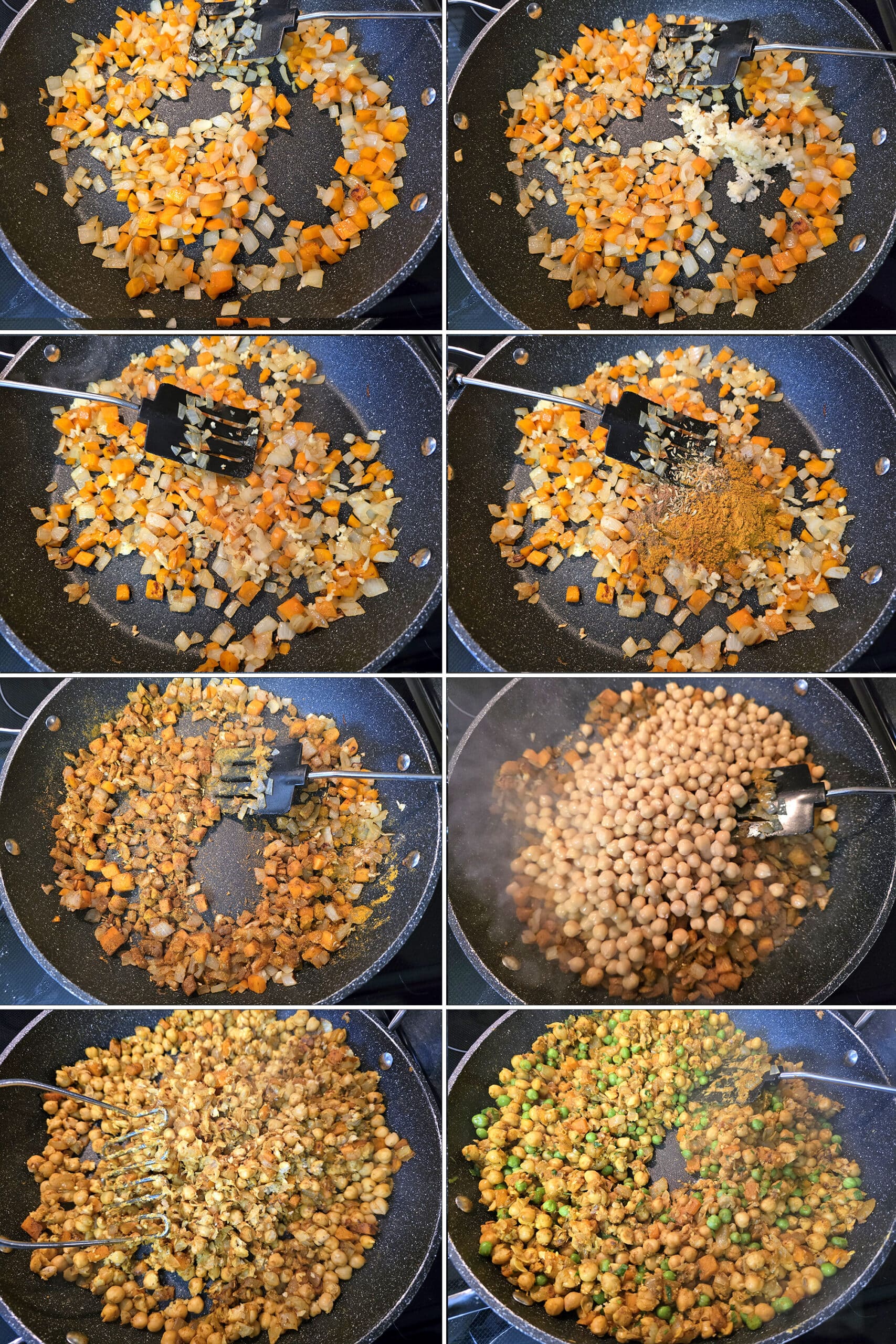 8 part image showing the samosa chickpea filling being cooked in a pan.