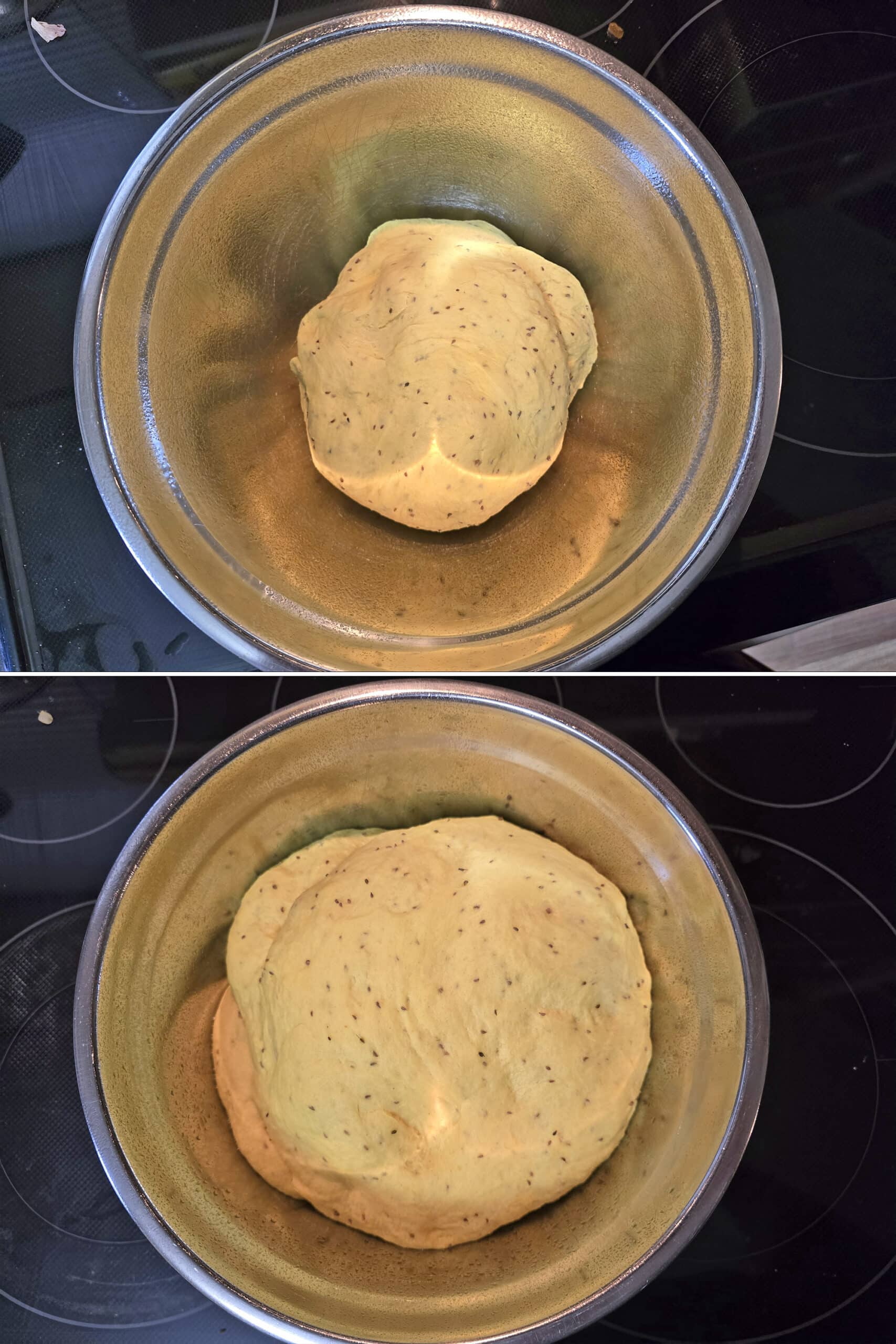 2 part image showing the samosa bread dough before and after doubling in size.