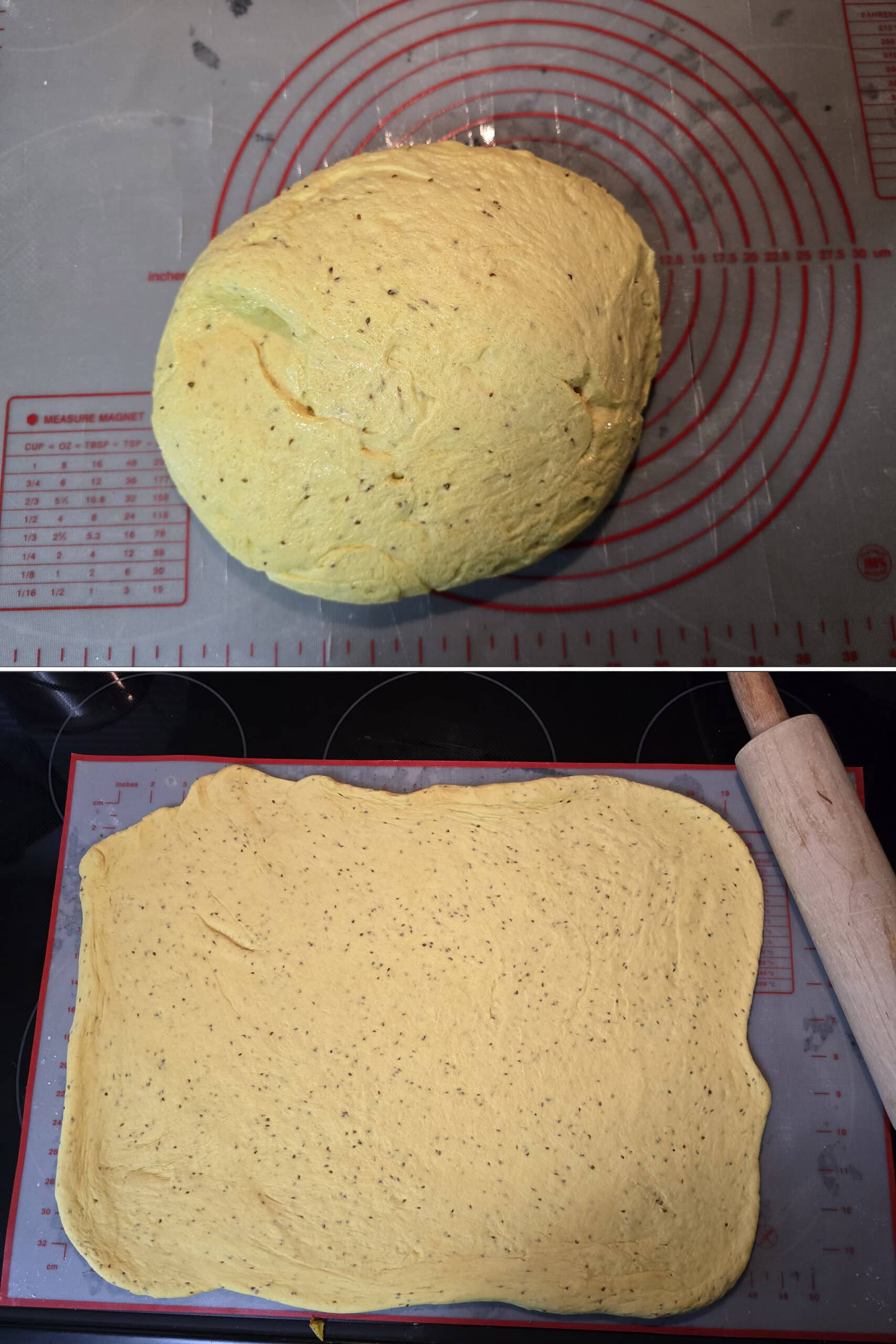 2 part image showing the samosa bread dough dumped on a silicone sheet then rolled out to a large rectangle.