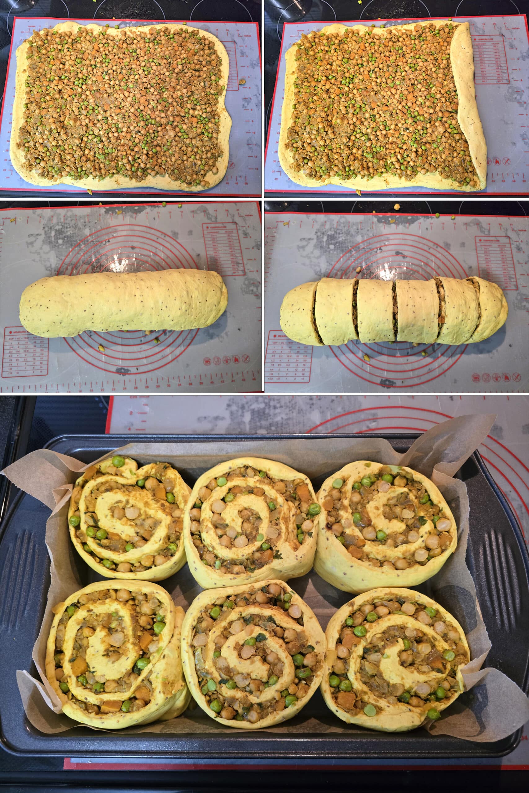 5 part image showing the chickpea filling spread on the dough, rolled up, then cut into 6 pieces and placed in a parchment lined baking pan.