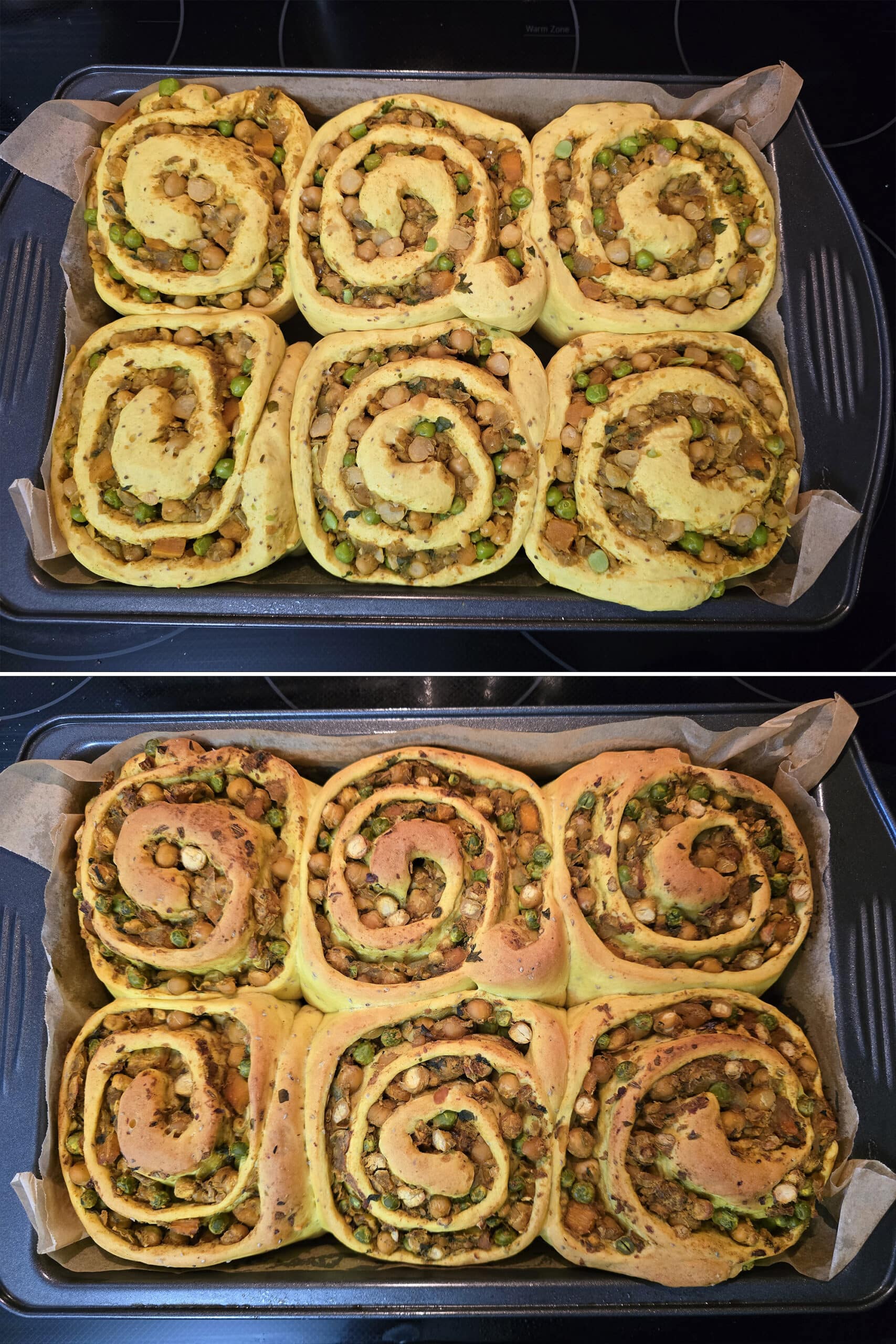 2 part image showing a pan of samosa buns before and after baking.