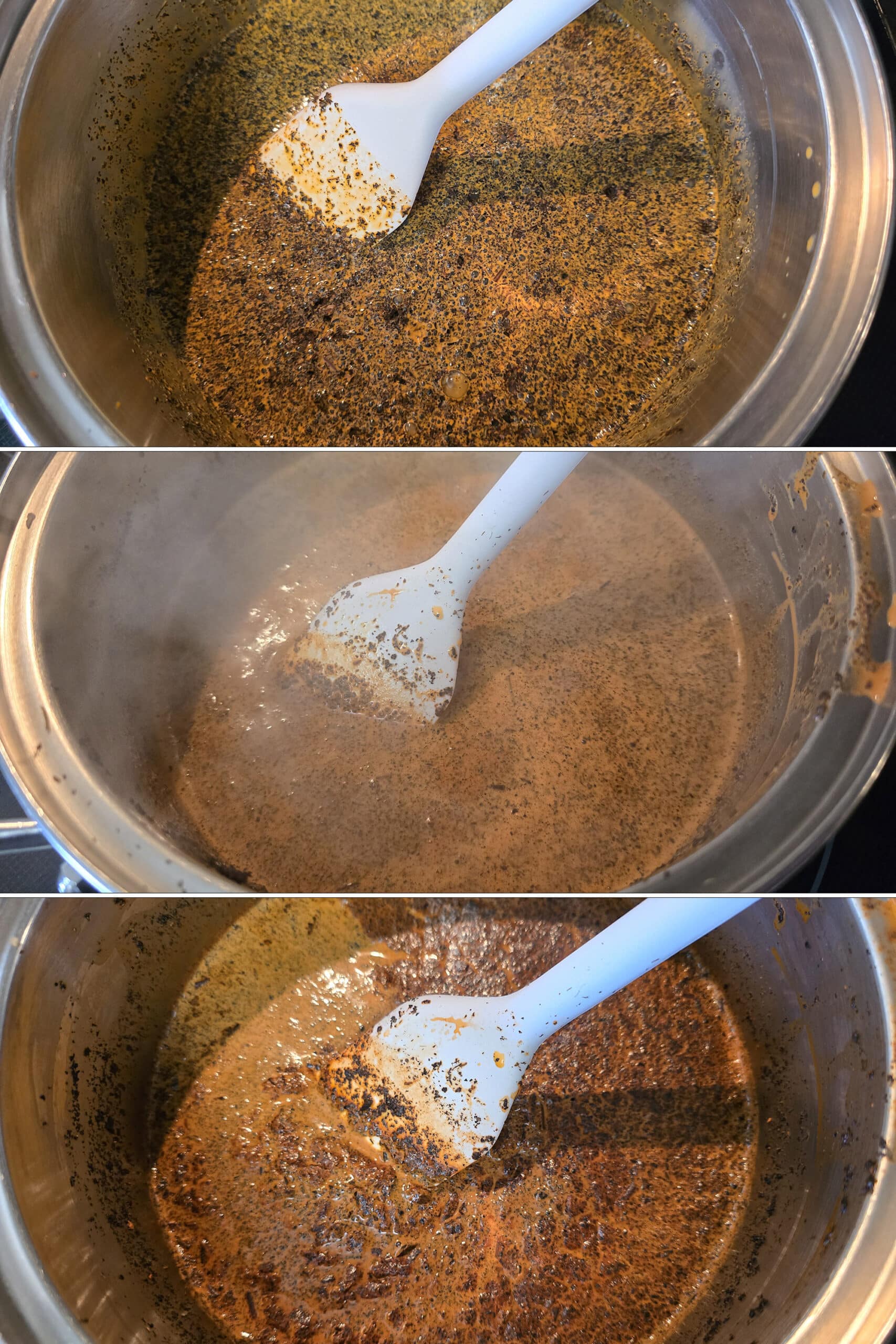 3 part image showing Thai tea mix being added to milk, simmered, and steamed.