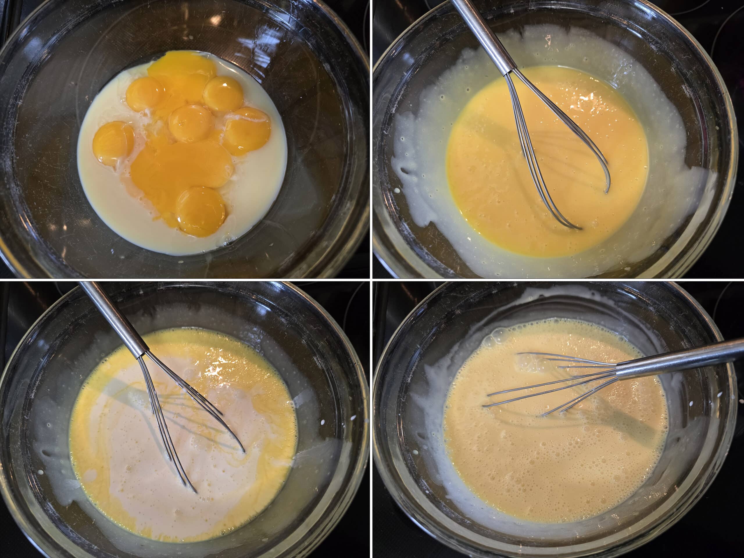 4 part image showing eggs and sweetened condensed milk being whisked together, then the remaining cream mixed in.