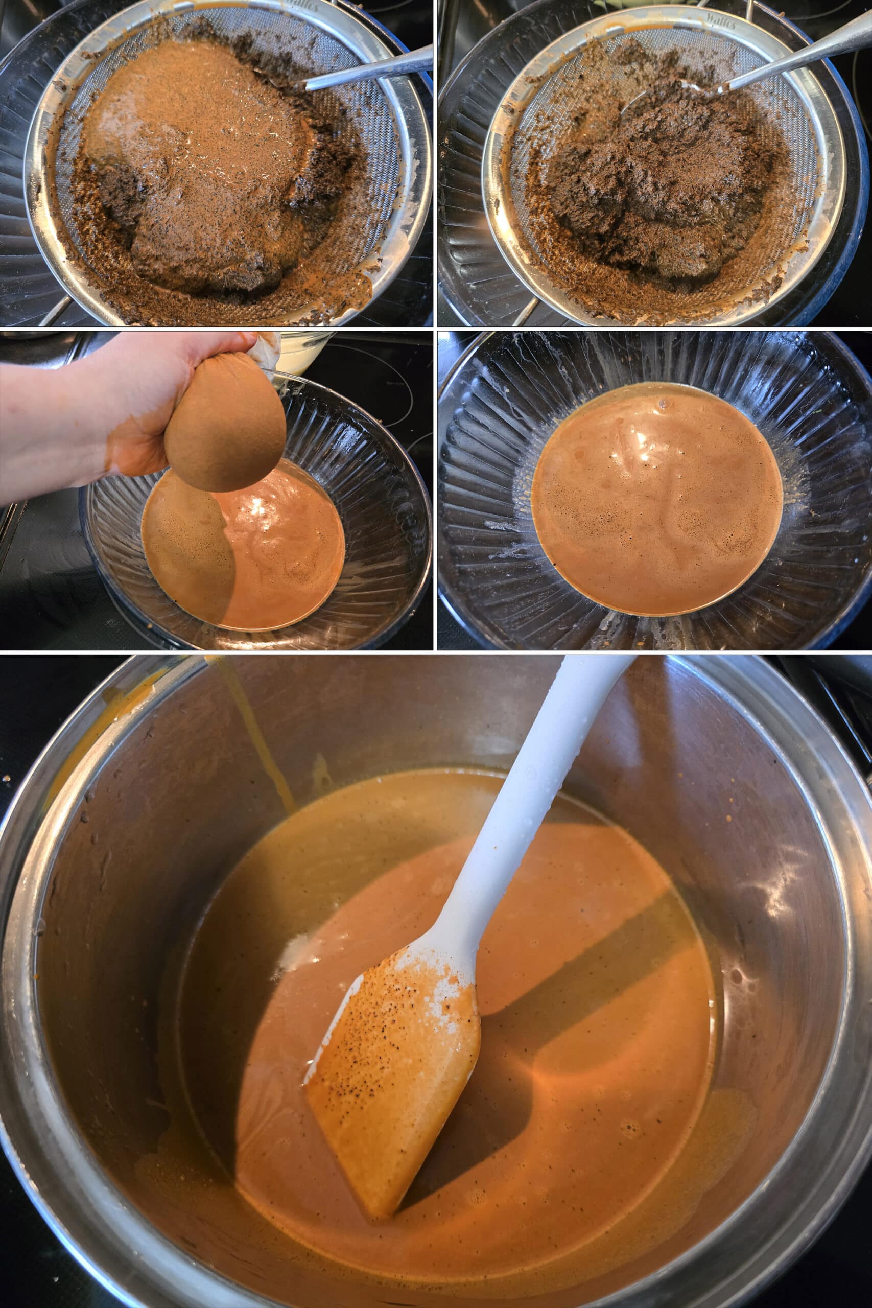 5 part image showing the Thai tea mixture being pressed through a fine sieve, then squeezed through cheesecloth into a bowl then a pot.