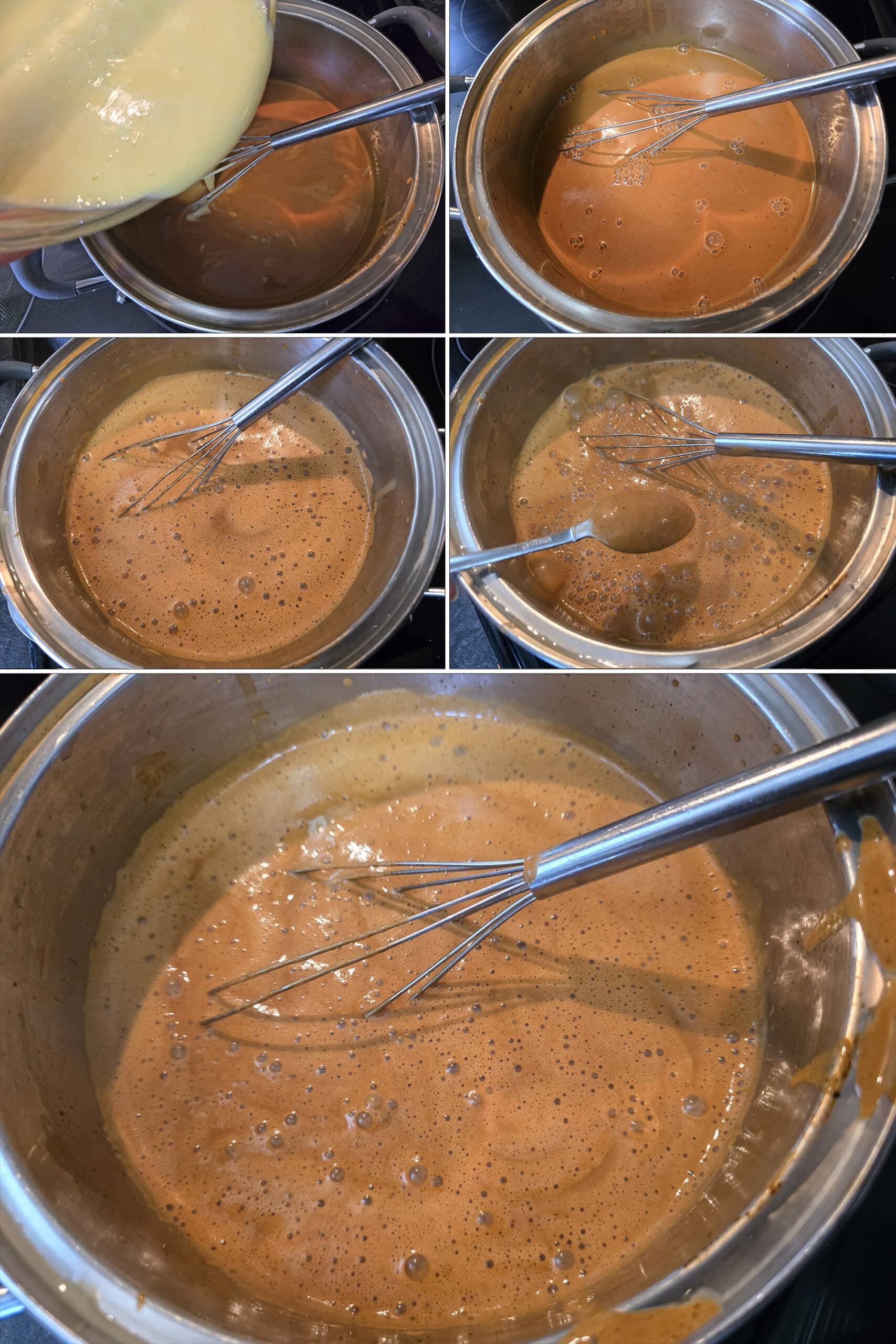 5 part image showing the egg mixture being whisked into the pot of Thai steeped milk and cooked till thickened.