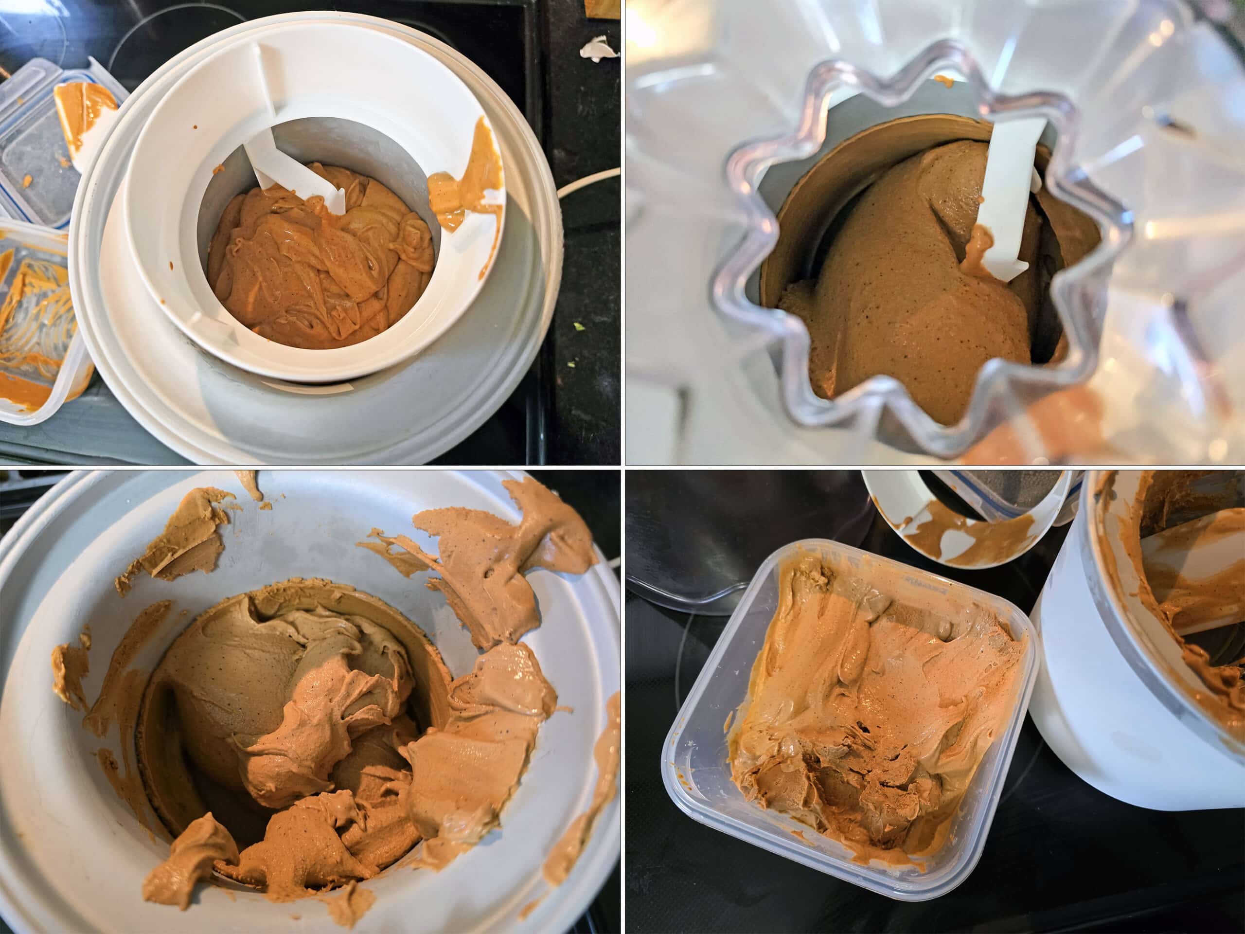 4 part image showing the Thai Tea custard being processed in an ice cream maker, and the finished Thai Tea ice cream in a container.