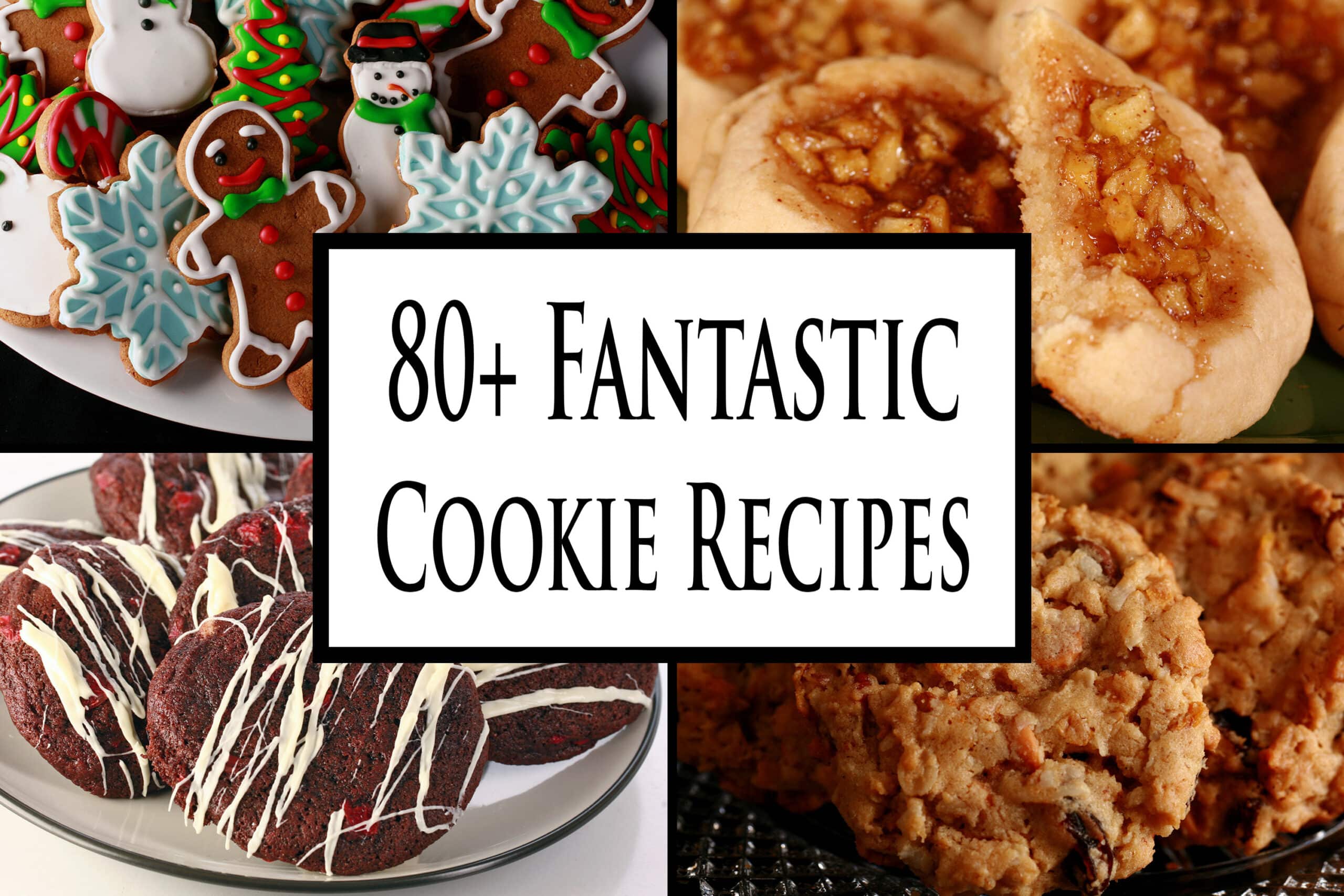 4 part image showing various cookies. Overlaid text says 80 plus fantastic cookie recipes.