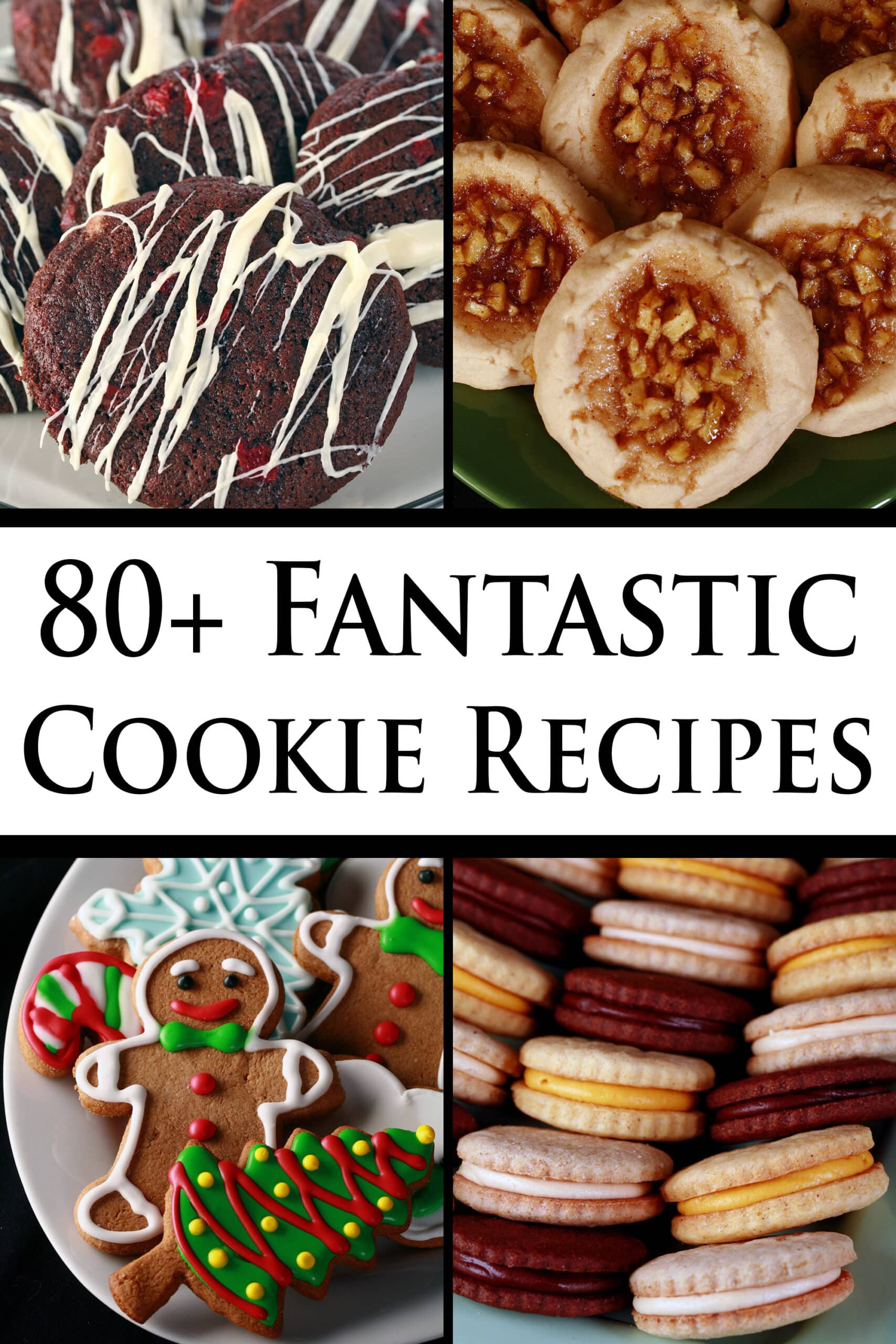 4 part image showing various cookies. Overlaid text says 80 plus fantastic cookie recipes.