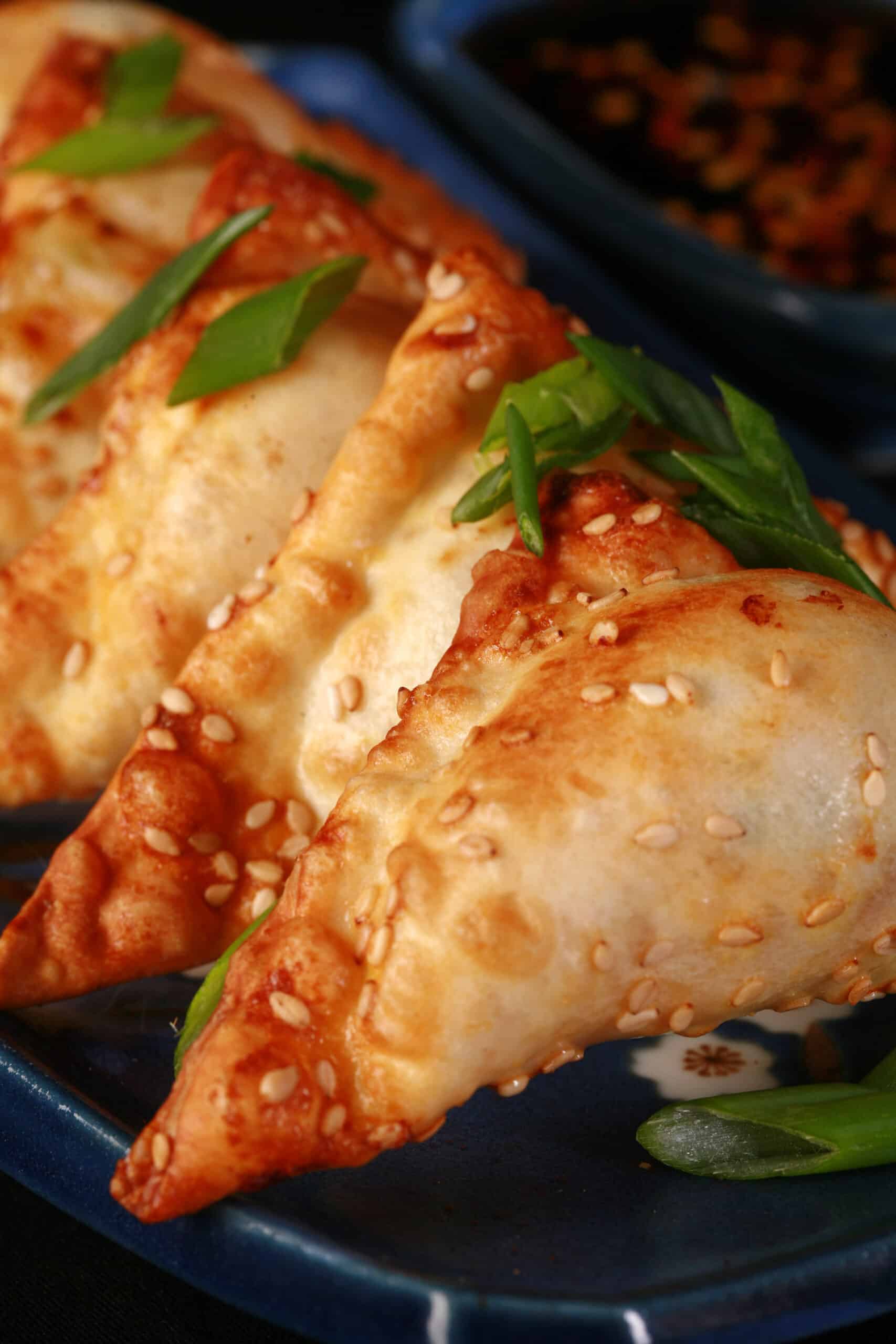 A plate of air fried shrimp wontons with sesame seeds and green onions on them, and dipping sauce on the side.