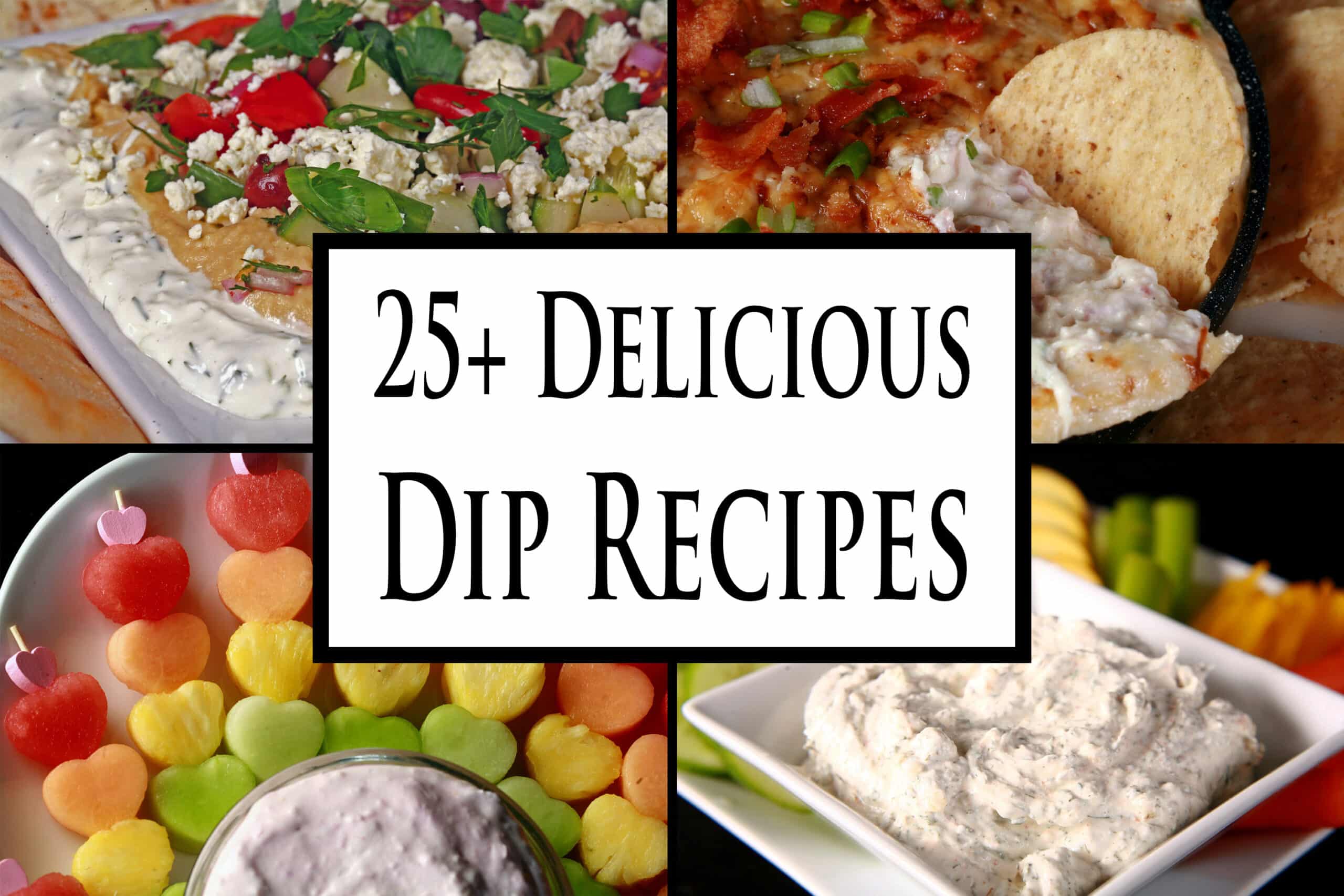 4 part image showing various dips. Overlaid text says 25 plus delicious dip recipes.