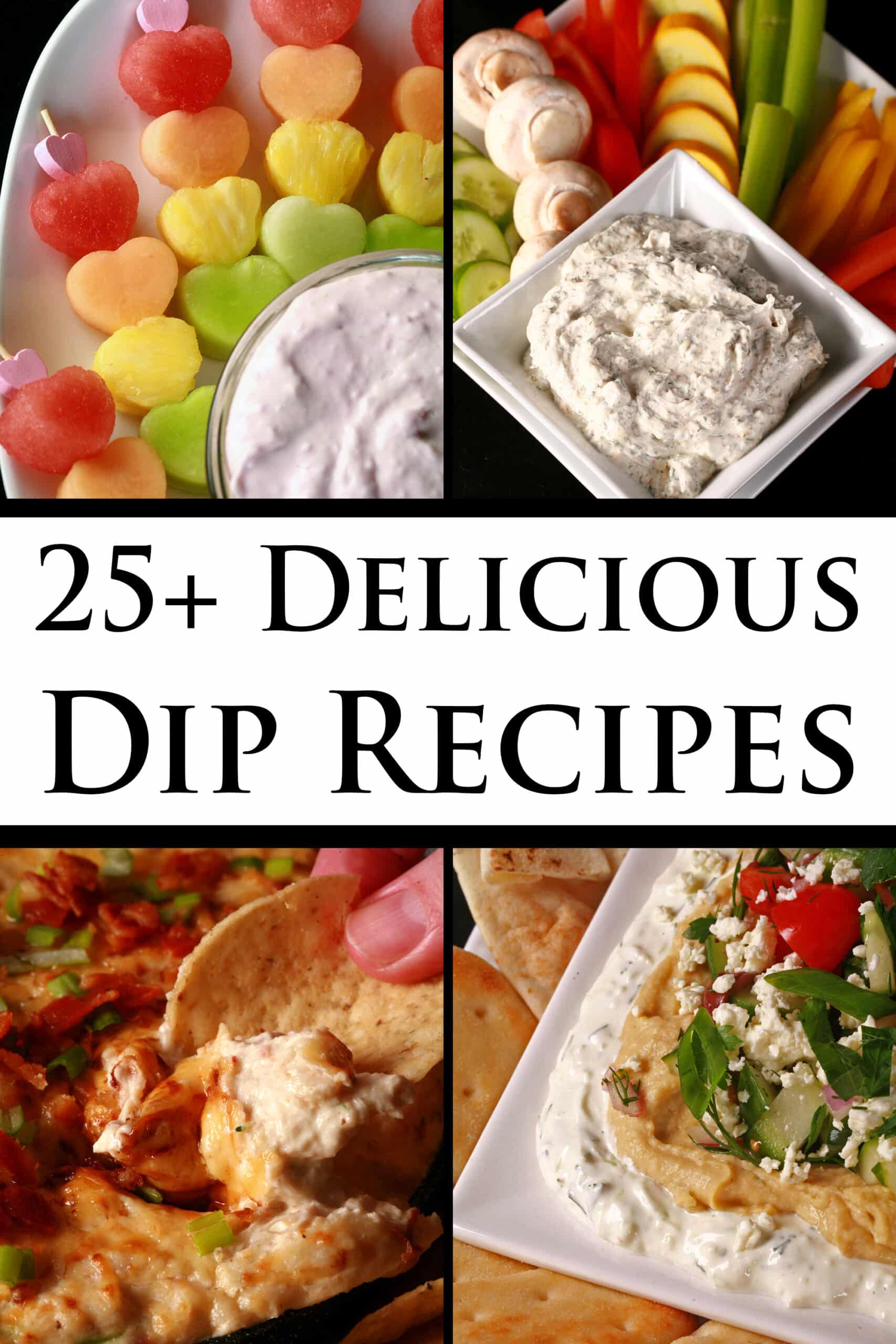 4 part image showing various dips. Overlaid text says 25 plus delicious dip recipes.