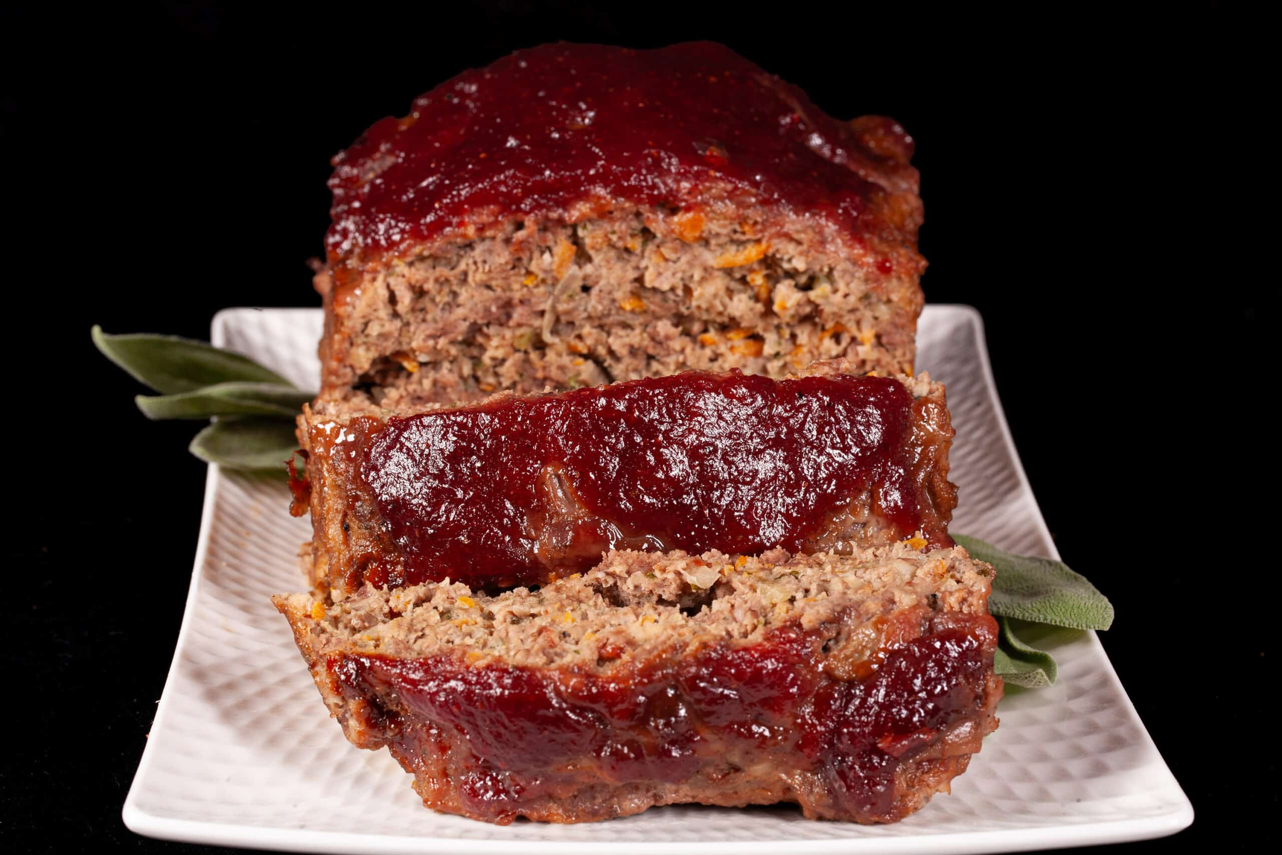 Venison meatloaf with carrots, mushrooms, celery bits, and herbs visible, topped with cranberry glaze.