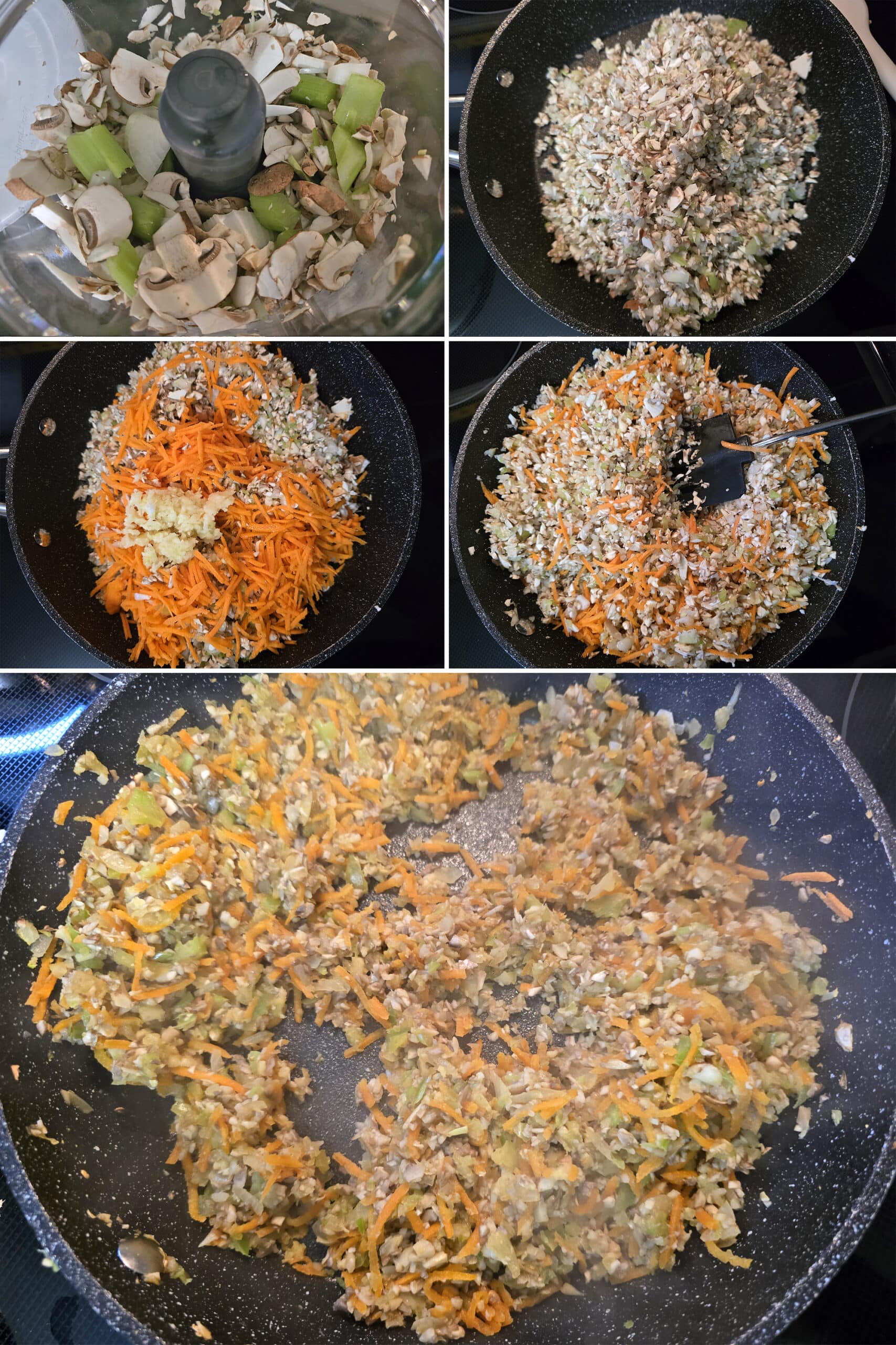 5 part image showing the vegetables being finely chopped in a food processor, then cooked until soft and mostly dry.