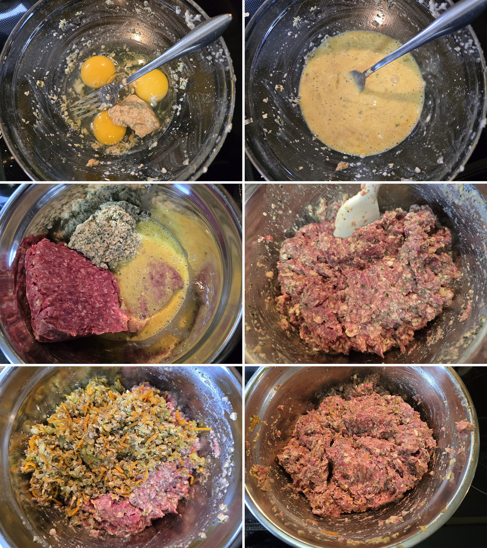 6 part image showing the eggs and dijon mustard being whisked together and added to the ground deer with the bread mixture and the vegetable mixture.