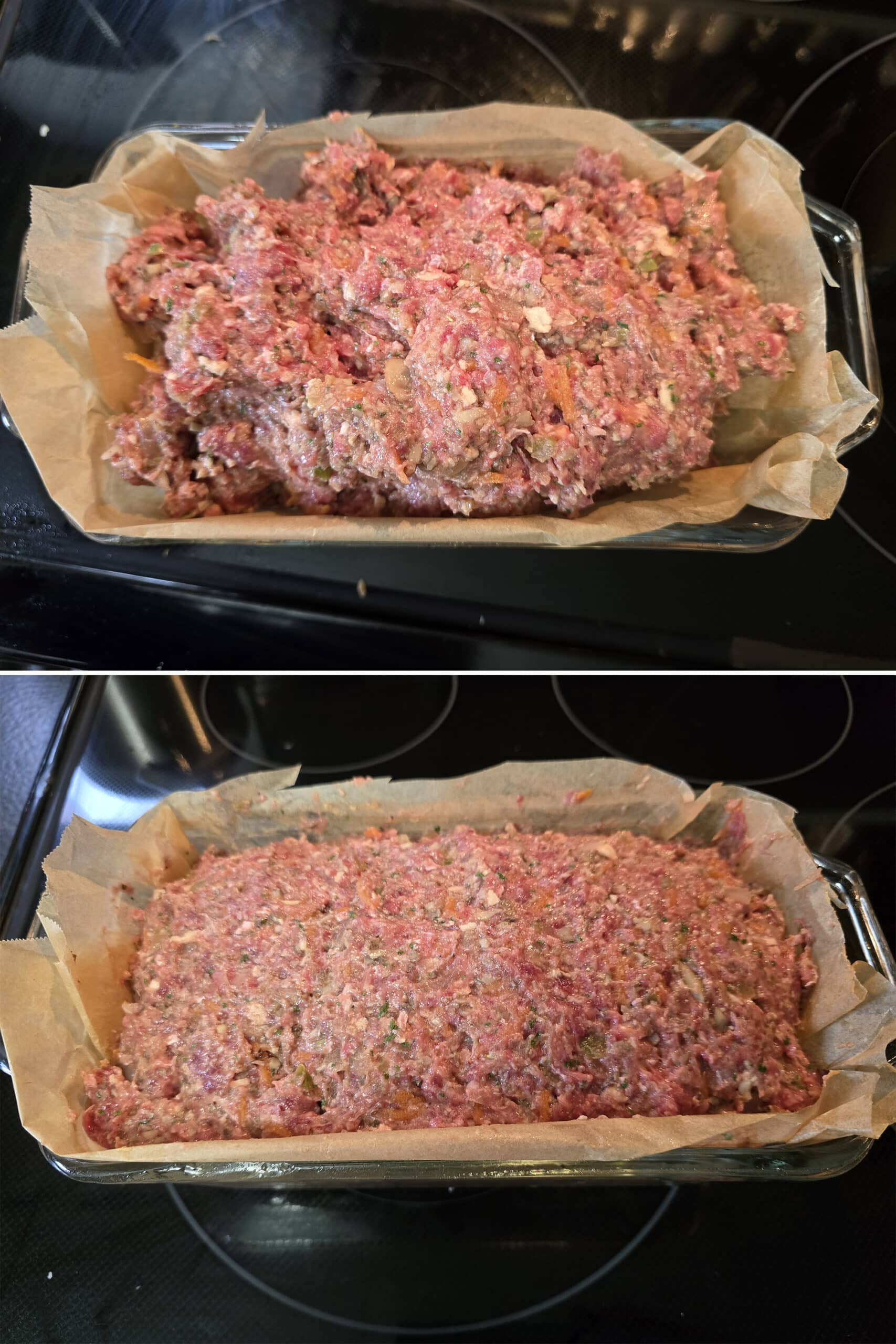 2 part image showing the venison meatloaf mixture being dumped in a lined pan and smoothed out.
