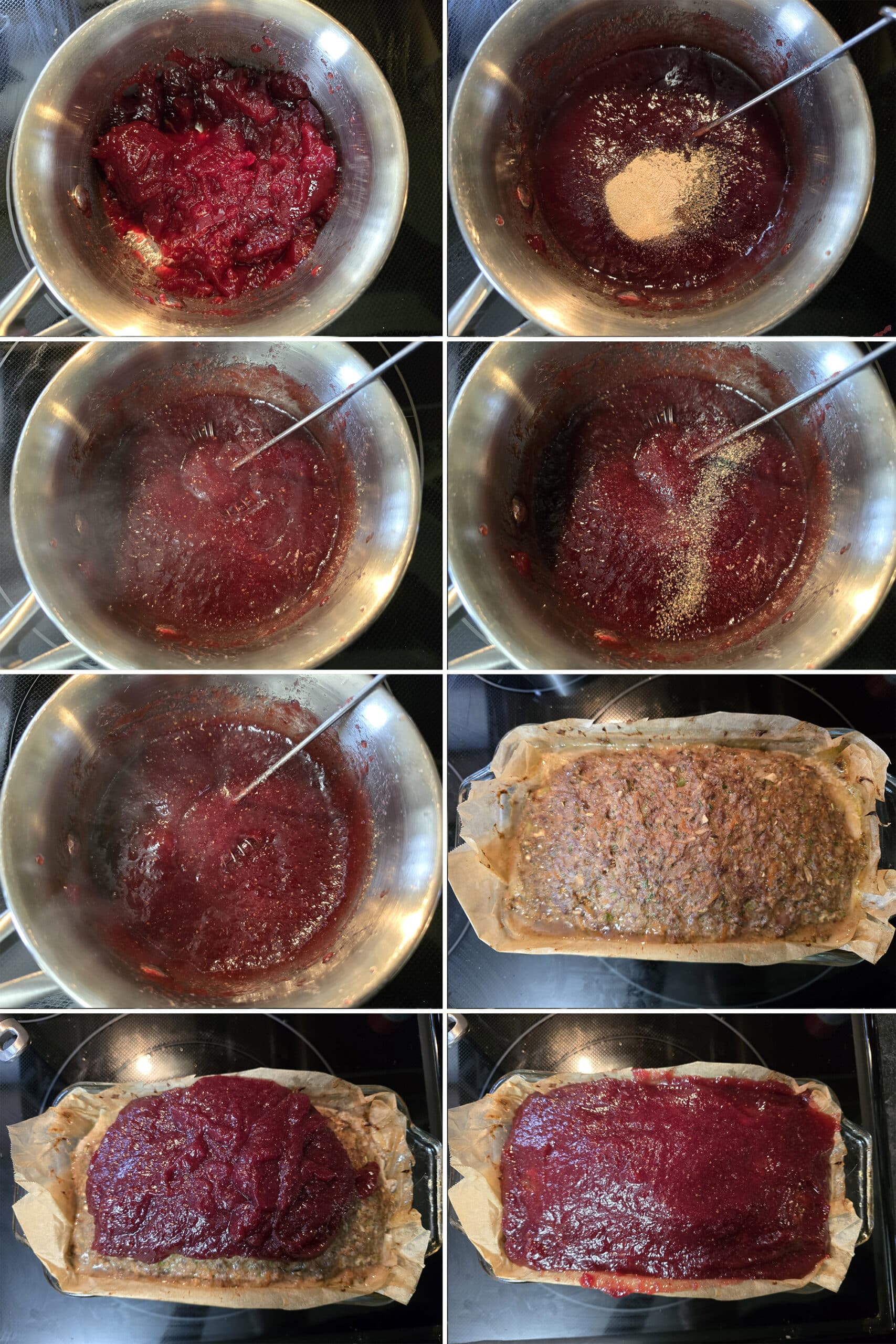 8 part image showing the cranberry ketchup being mixed in a small pot and spread over the partially cooked meatloaf.