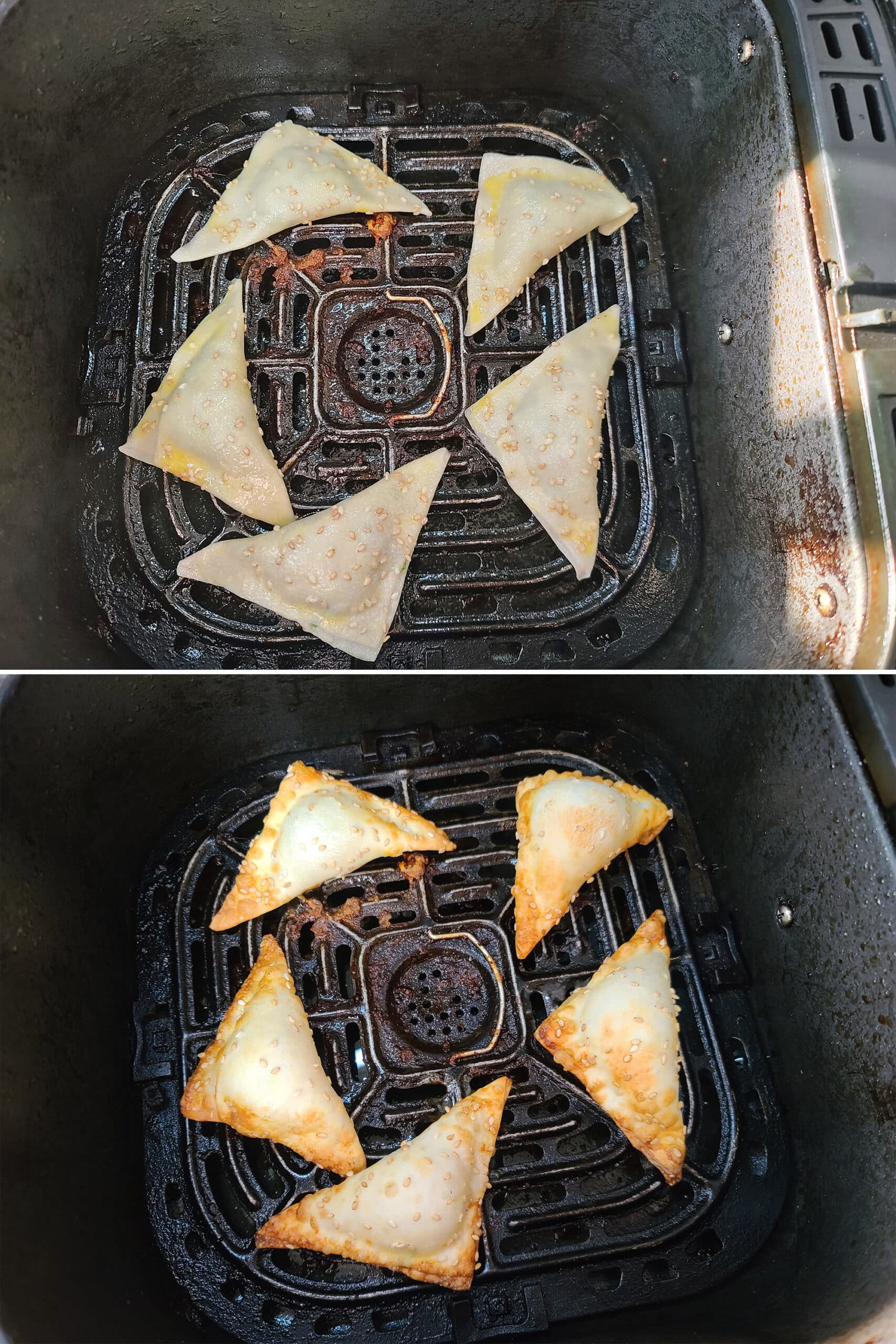 2 part image showing shrimp wontons being air fried.