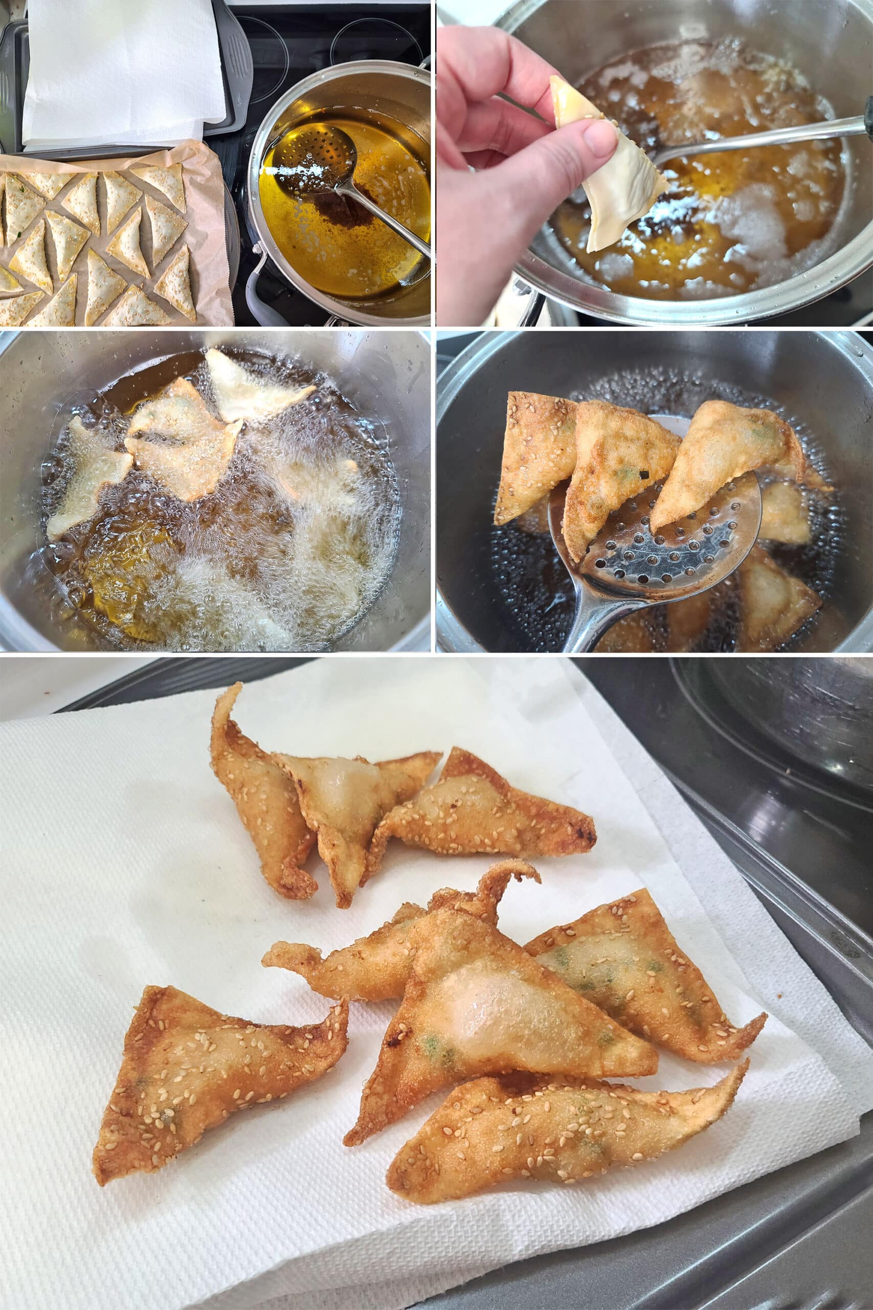 5 part image showing shrimp wontons being deep fried.