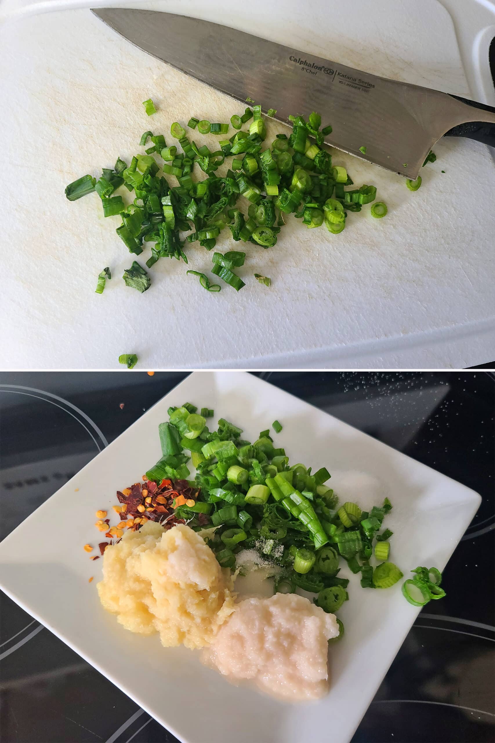 Green onions being chopped and added to w bowl with the rest of the seasonings.