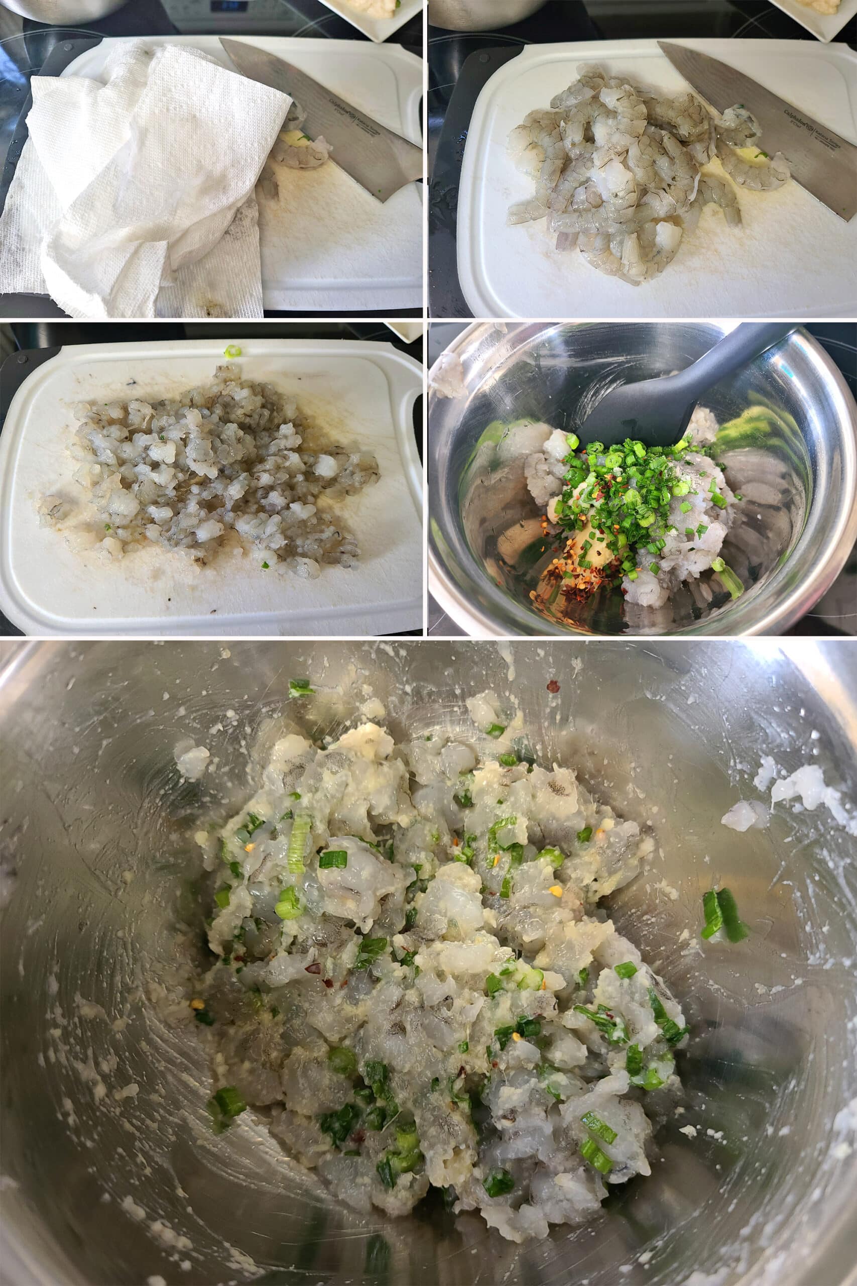 5 part image showing raw shrimp being patted with paper towels, chopped, and made into filling.