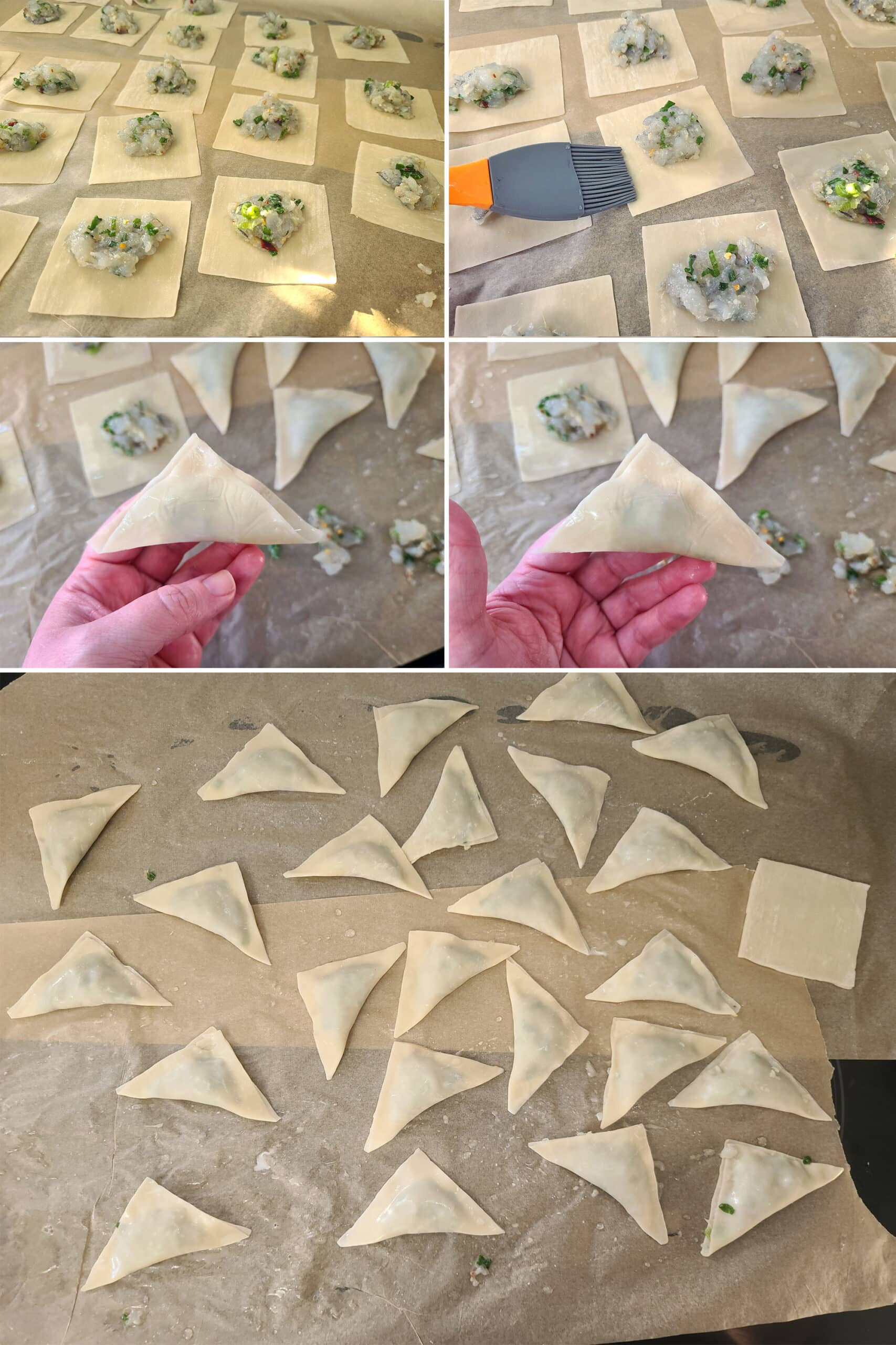 5 part image showing filling being spooned onto square wonton wrappers, folded in half, and sealed.