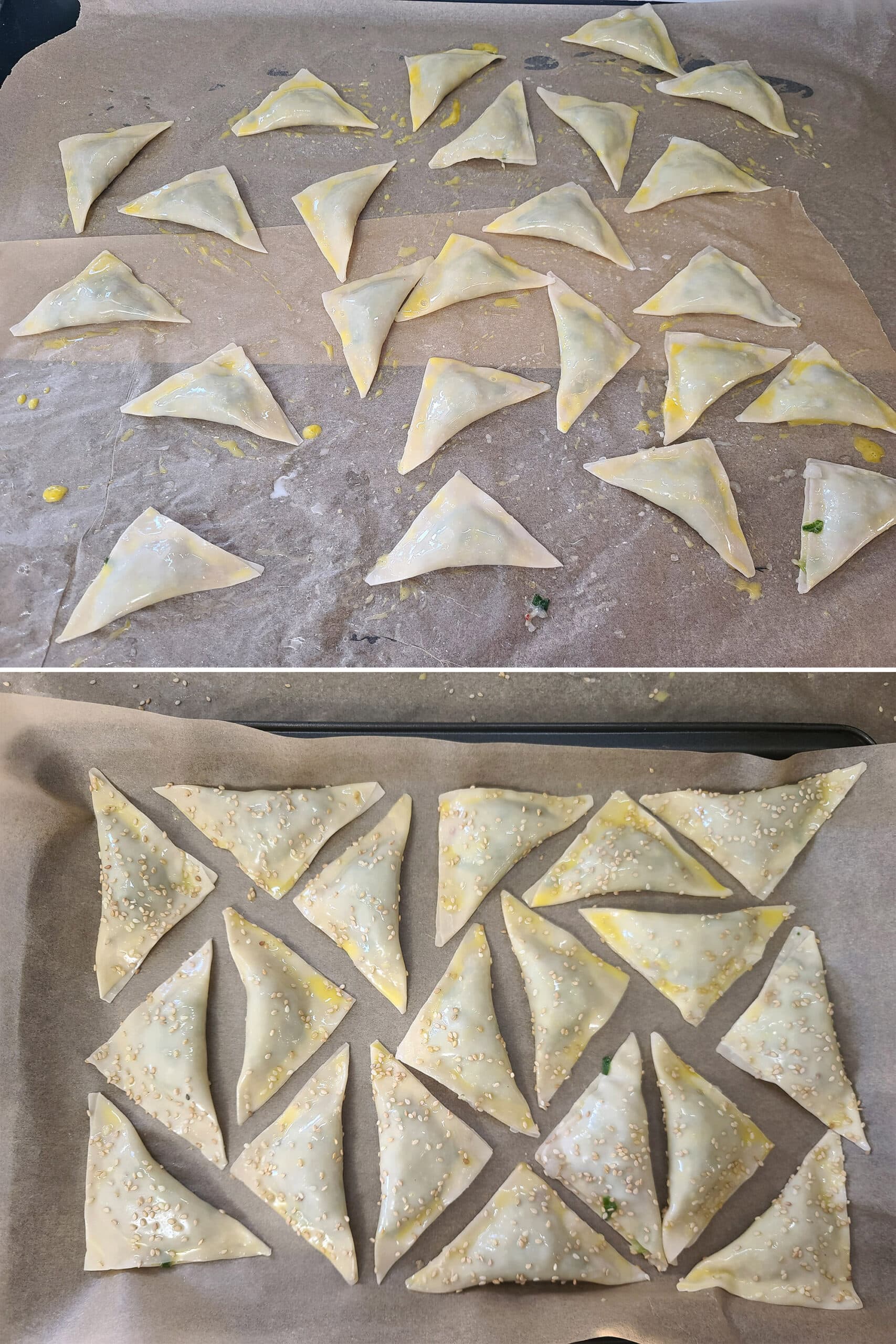 2 part image showing the shrimp wontons being brushed with egg and sprinkled with sesame seeds.