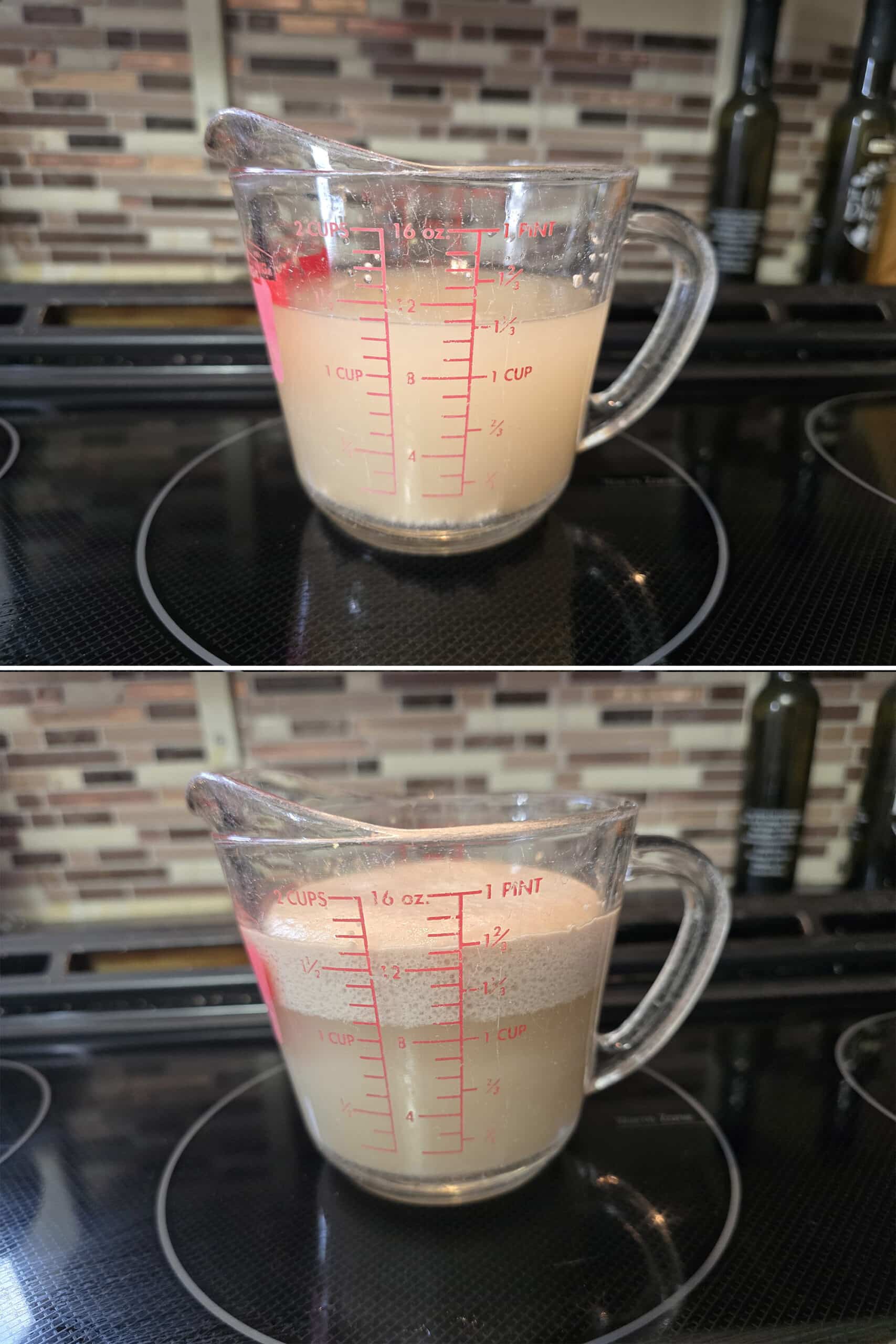 2 part image showing a glass measuring cup with yeast water, before and after the yeast foams up.