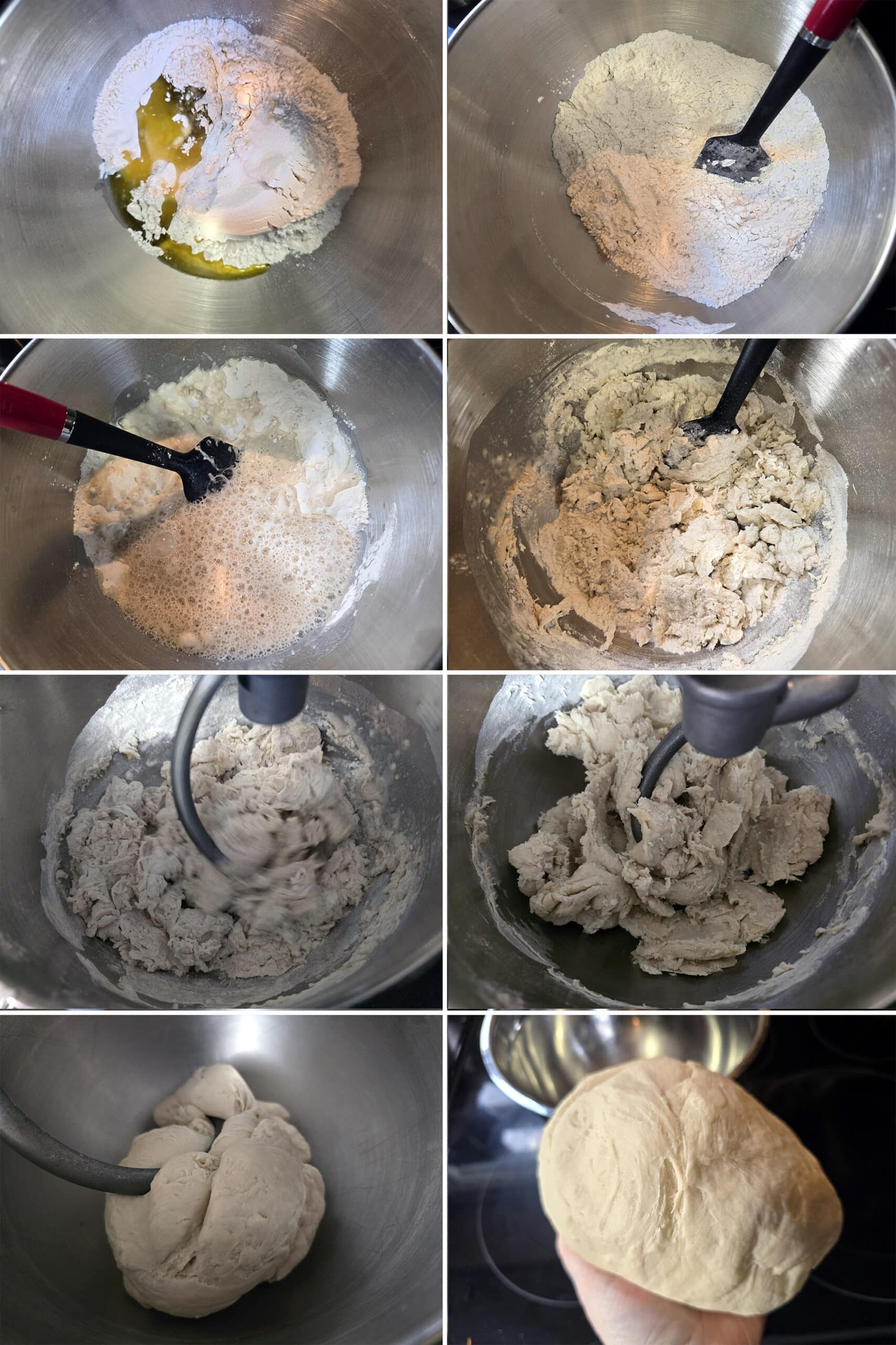8 part image showing the dough ingredients being mixed together and kneaded by machine into a smooth dough.