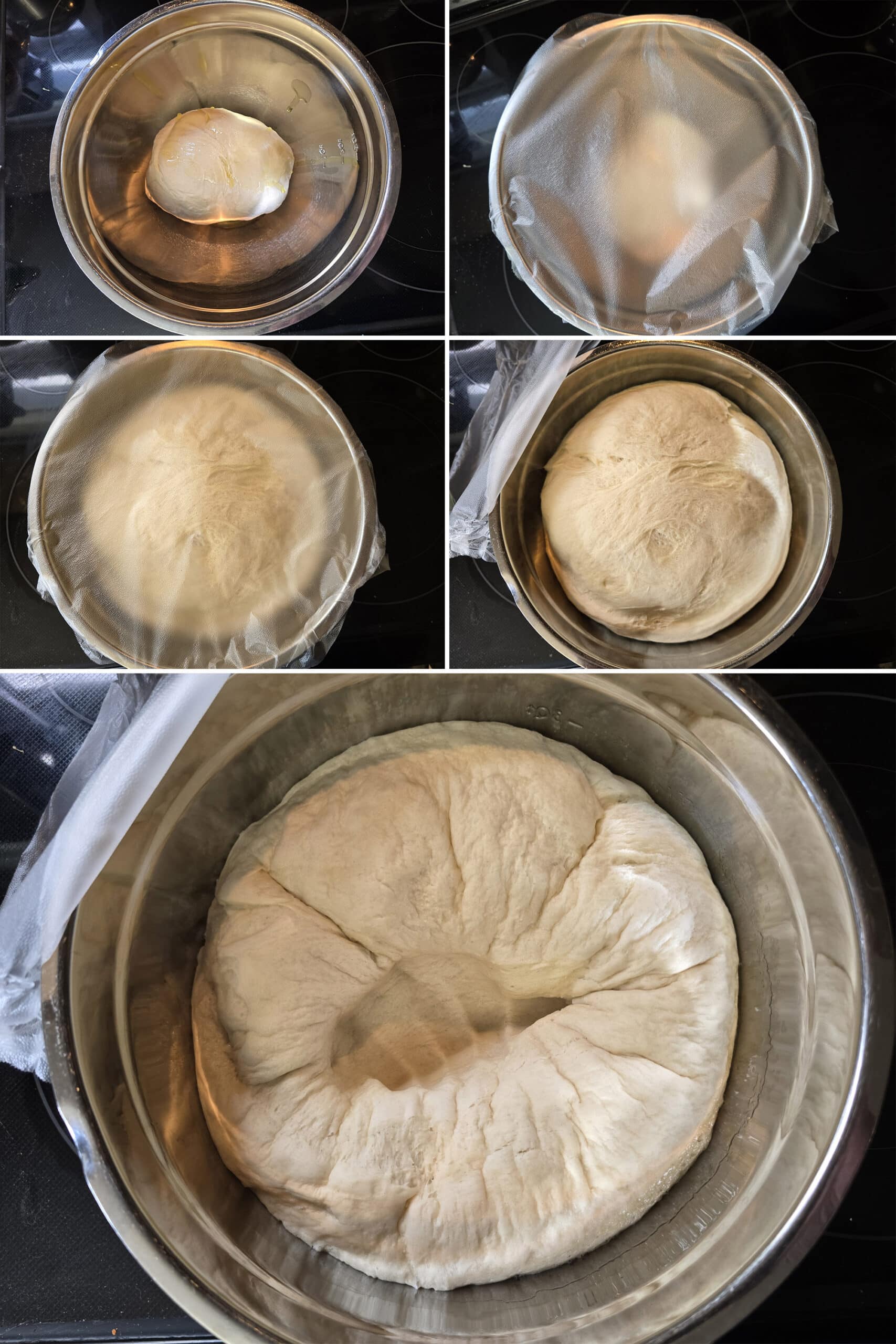 5 part image showing the dough ball before and after rising, then punched down after the first rise.