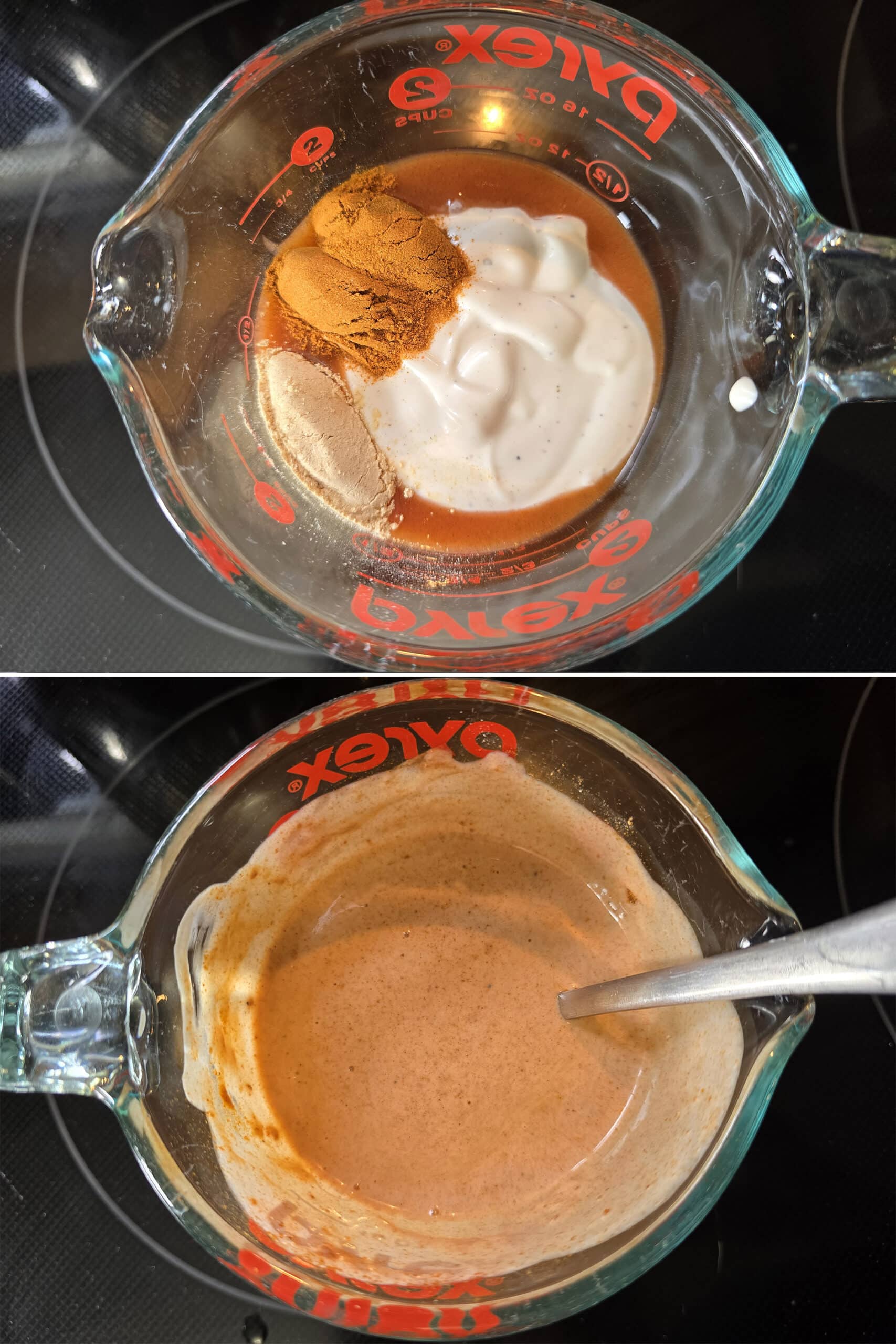2 part image showing hot sauce, ranch dressing, garlic powder, and cayenne being mixed in a glass measuring cup.
