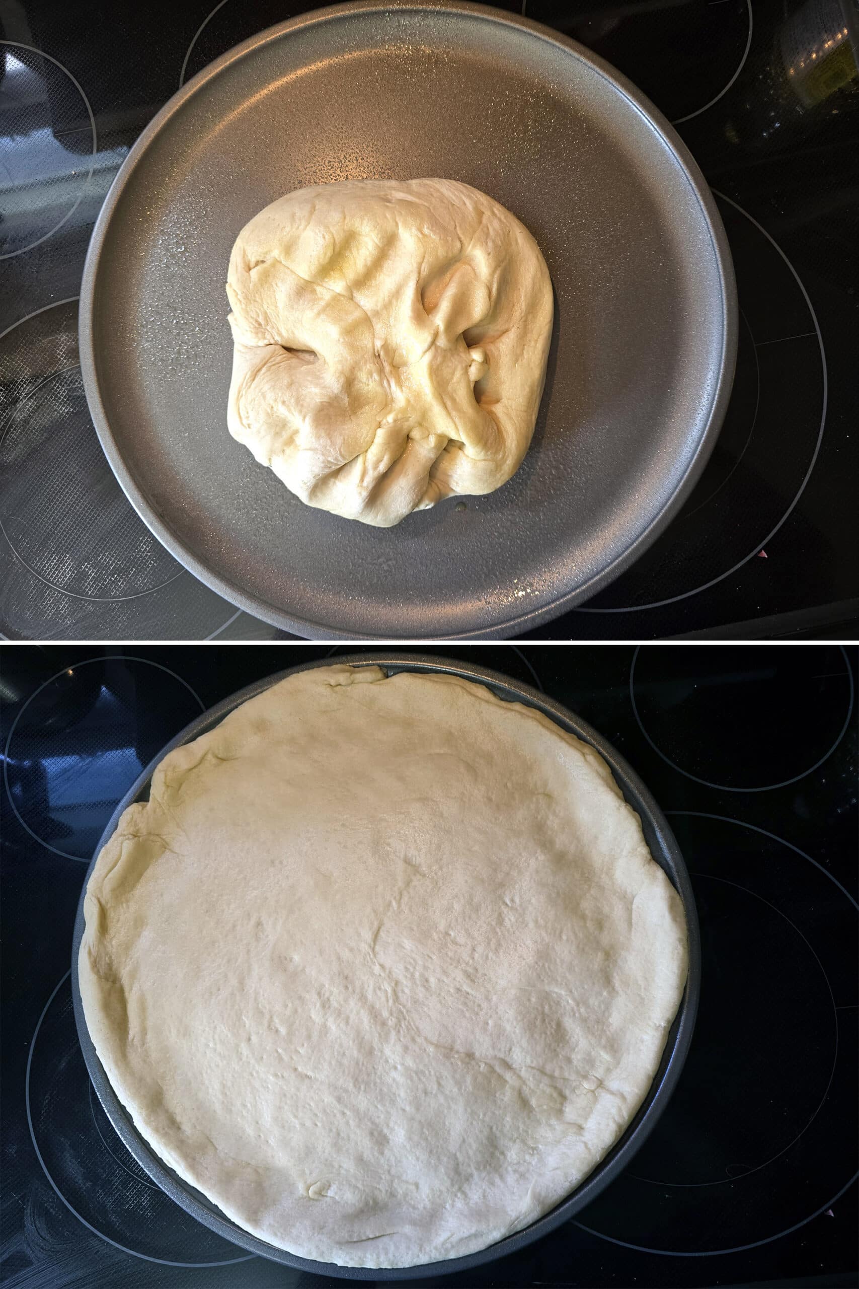2 part image showing the lump of pizza dough formed into a large pizza crust.