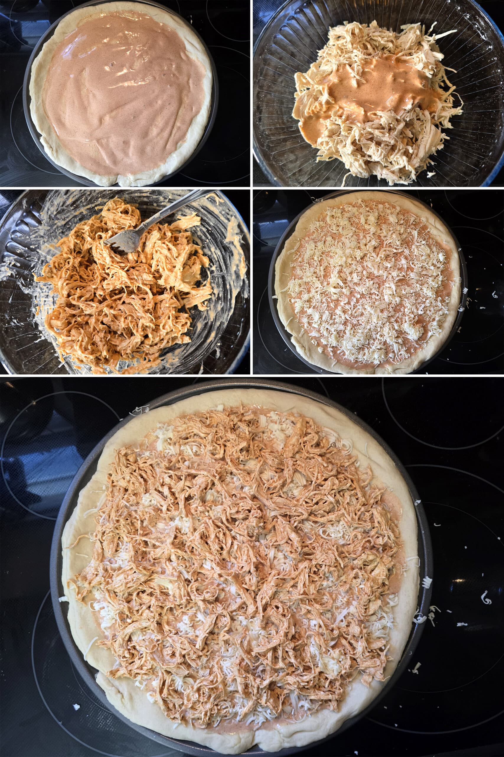 5 part image showing creamy buffalo ranch sauce spread on the pizza crust, then more mixed into pulled chicken. Shredded Monterey Jack cheese is scattered over the sauced pizza crust, then topped with the sauced chicken.