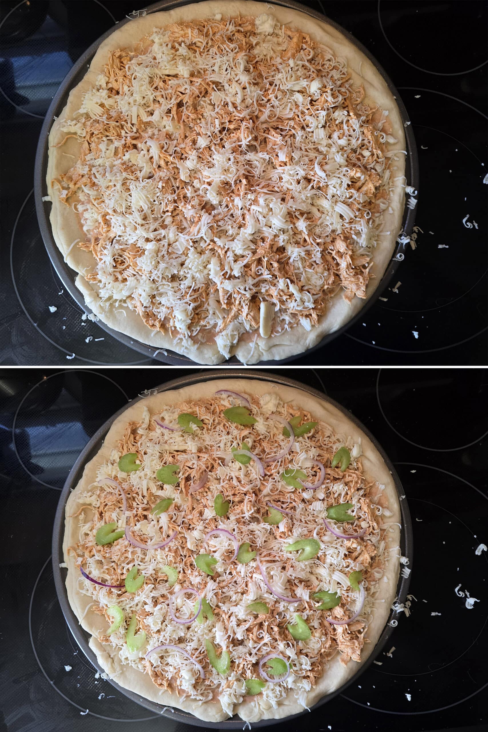 2 part image showing more shredded cheese added to the pizza, then celery and onion on top.