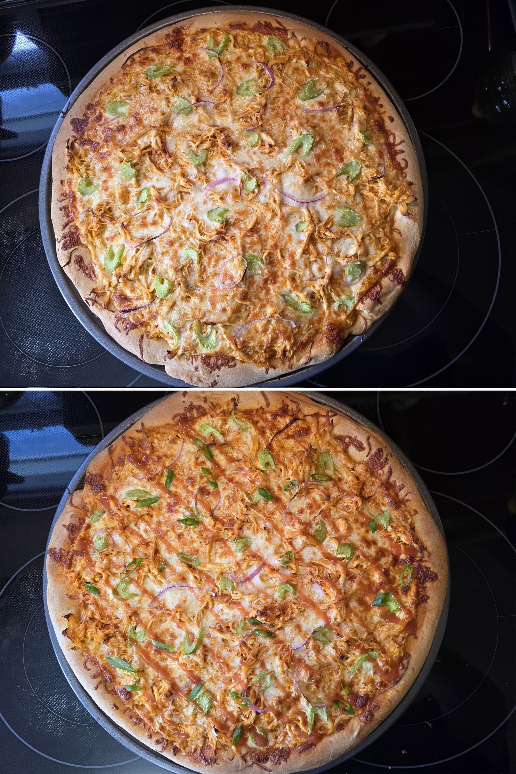 2 part image showing a baked buffalo chicken pizza, before and after sprinkling green onions and drizzling hot sauce on it.