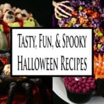 4 part image showing various Halloween dishes. Overlaid text says tasty fun and spooky Halloween recipes.