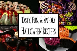 4 part image showing various Halloween dishes. Overlaid text says tasty fun and spooky Halloween recipes.