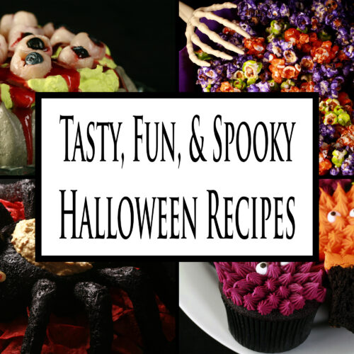4 part image showing various Halloween dishes. Overlaid text says tasty fun and spooky Halloween recipes.