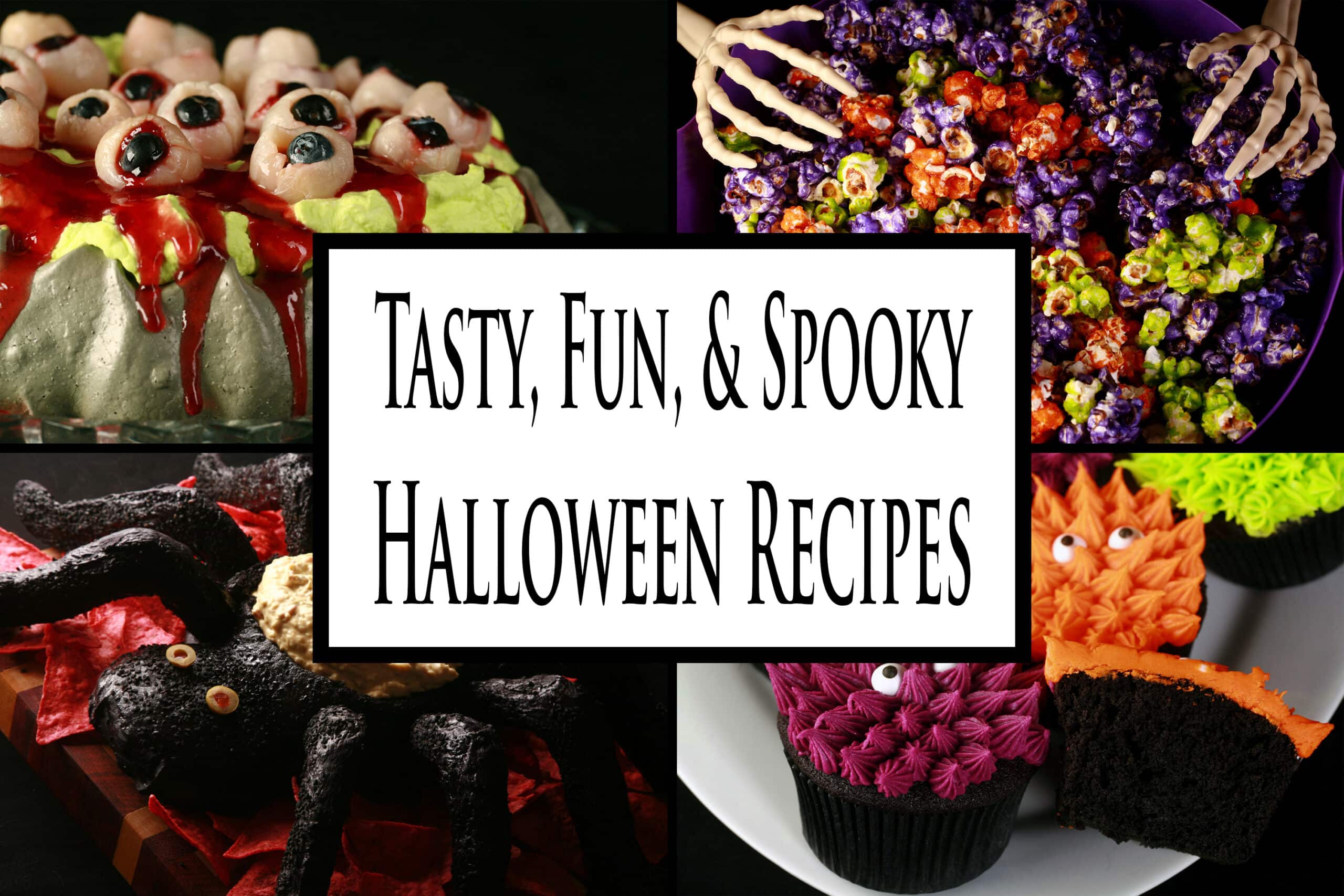 4 part image showing various Halloween dishes. Overlaid text says tasty fun and spooky Halloween recipes.