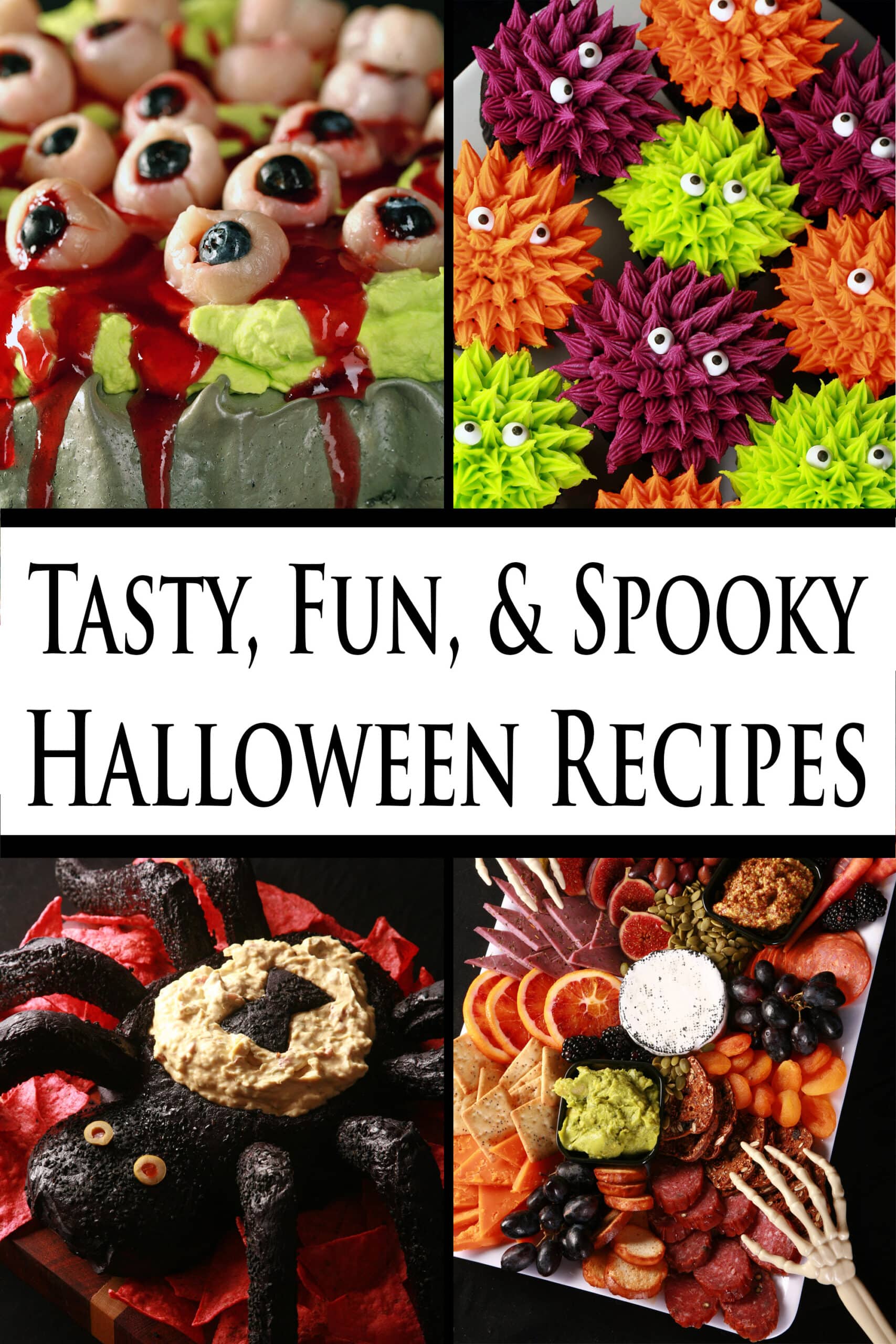 4 part image showing various Halloween dishes. Overlaid text says tasty fun and spooky Halloween recipes.