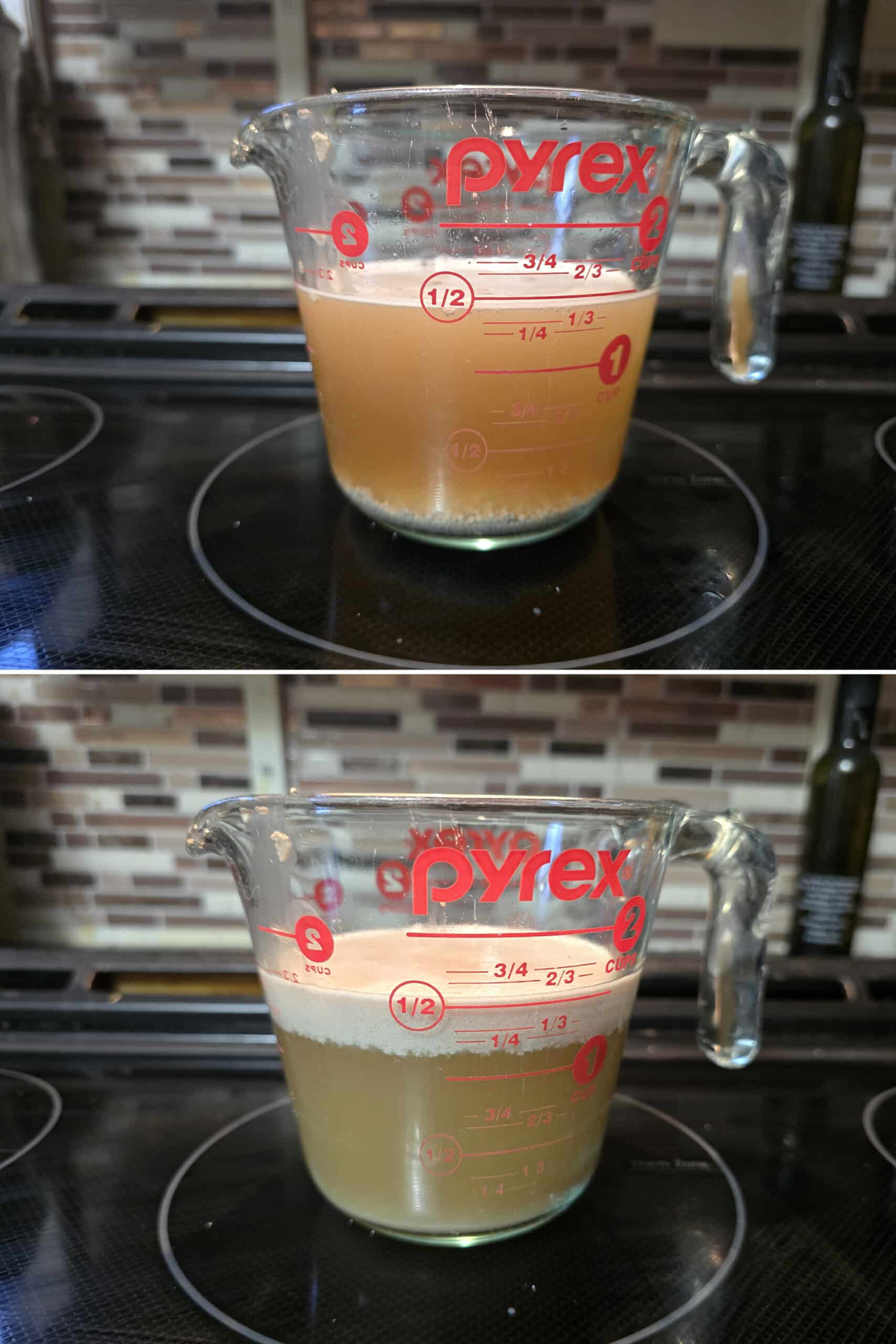 2 part image showing yeast, honey, and beer mixed together in a glass measuring cup, then the same mixture with an inch of yeast foam on top.