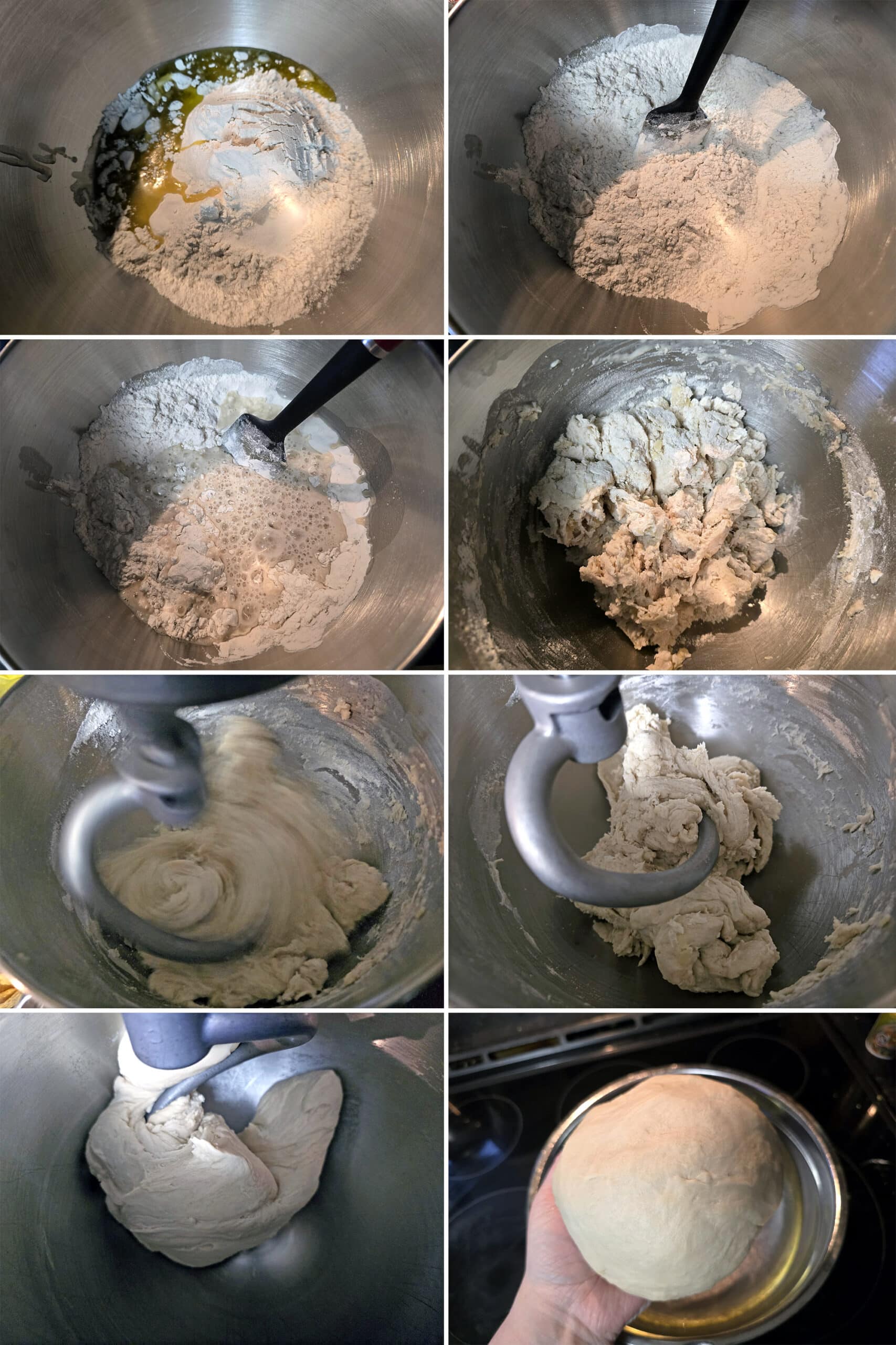 8 part image showing the dough ingredients being mixed together and kneaded into a smooth ball of dough.
