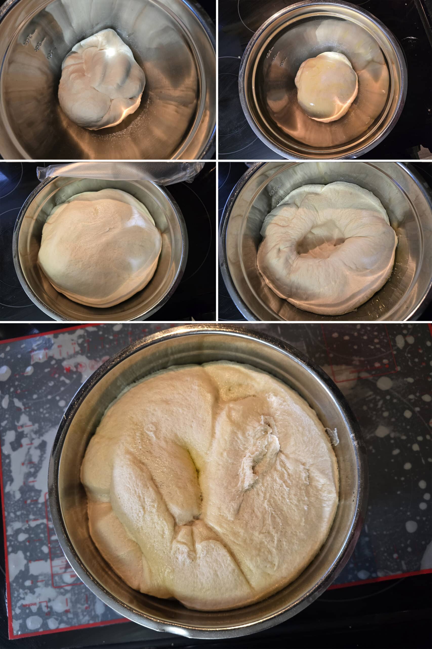5 part image showing the pizza dough rising, being punched down, and rising again.