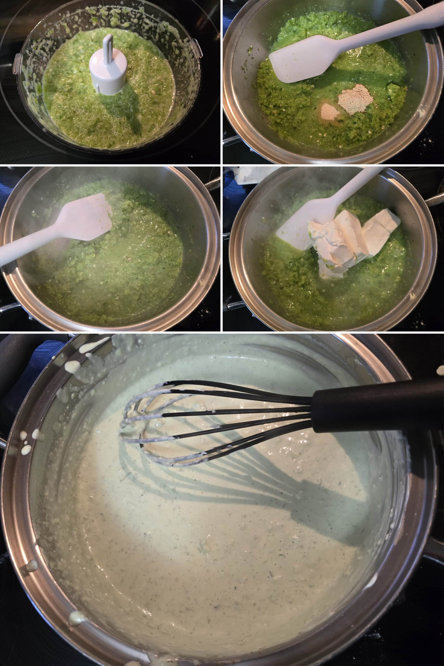 5 part image showing the creamy jalapeno sauce being made.